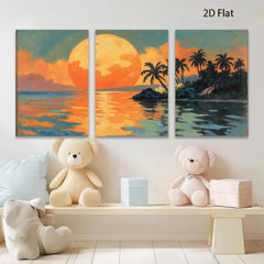 2D flat 1pc Tropical Sunset Palm Trees Ocean Coastal Wall Art Decor Living Room Bedroom Canvas Prints Modern Farmhouse Style Gallery Wrapped Ready to Hang