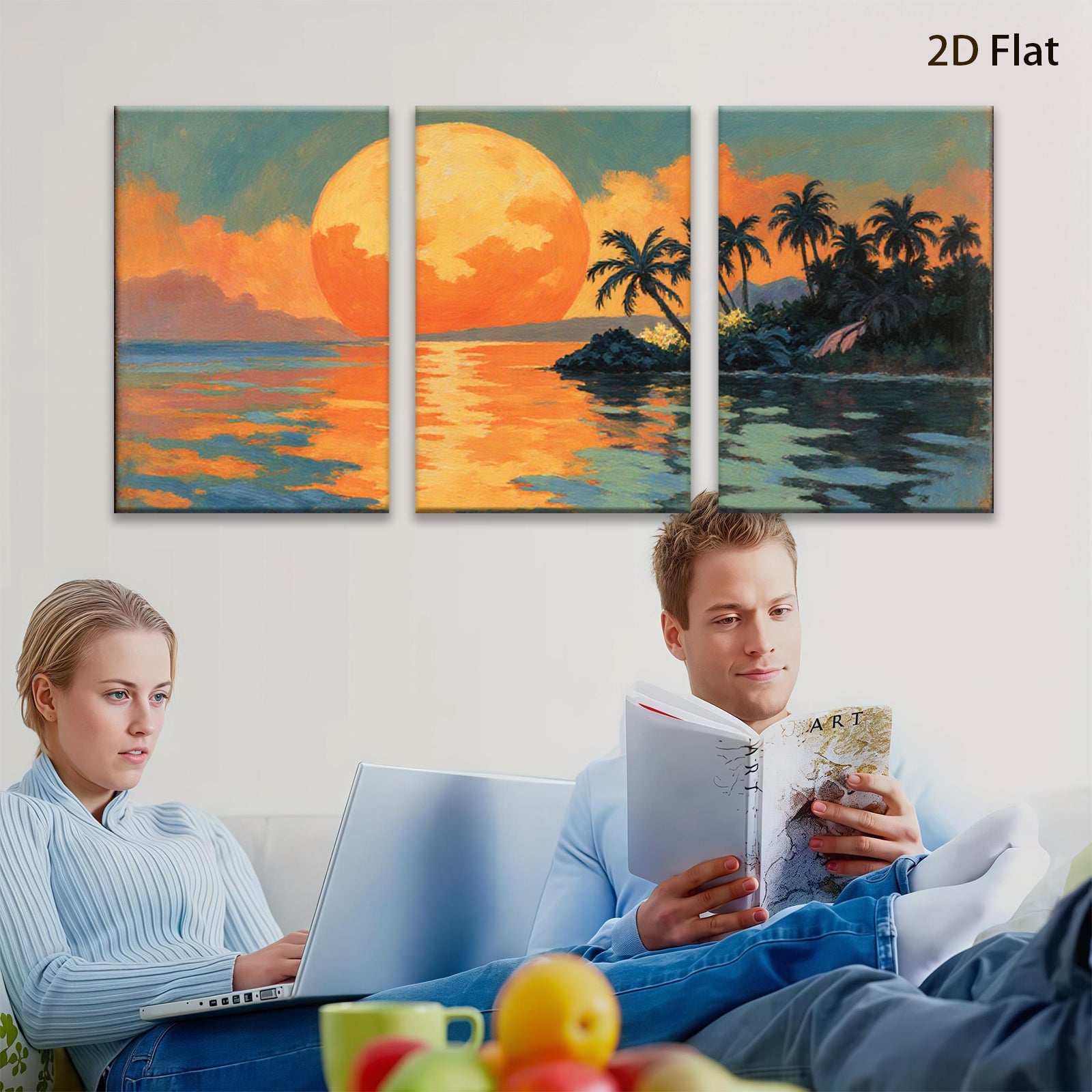 2D flat 1pc Tropical Sunset Palm Trees Ocean Coastal Wall Art Decor Living Room Bedroom Canvas Prints Modern Farmhouse Style Gallery Wrapped Ready to Hang
