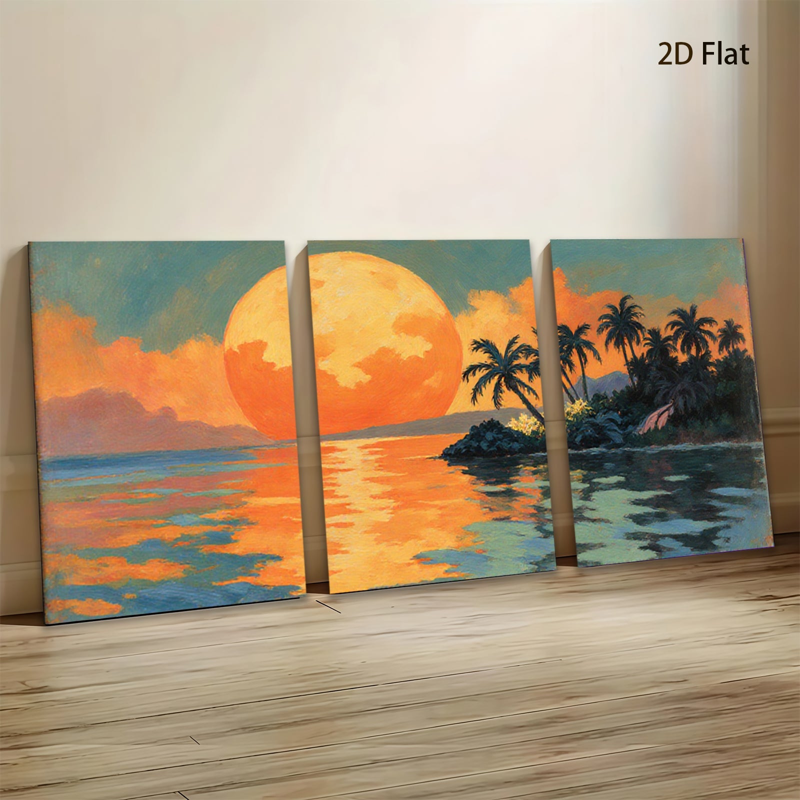 2D flat 1pc Tropical Sunset Palm Trees Ocean Coastal Wall Art Decor Living Room Bedroom Canvas Prints Modern Farmhouse Style Gallery Wrapped Ready to Hang