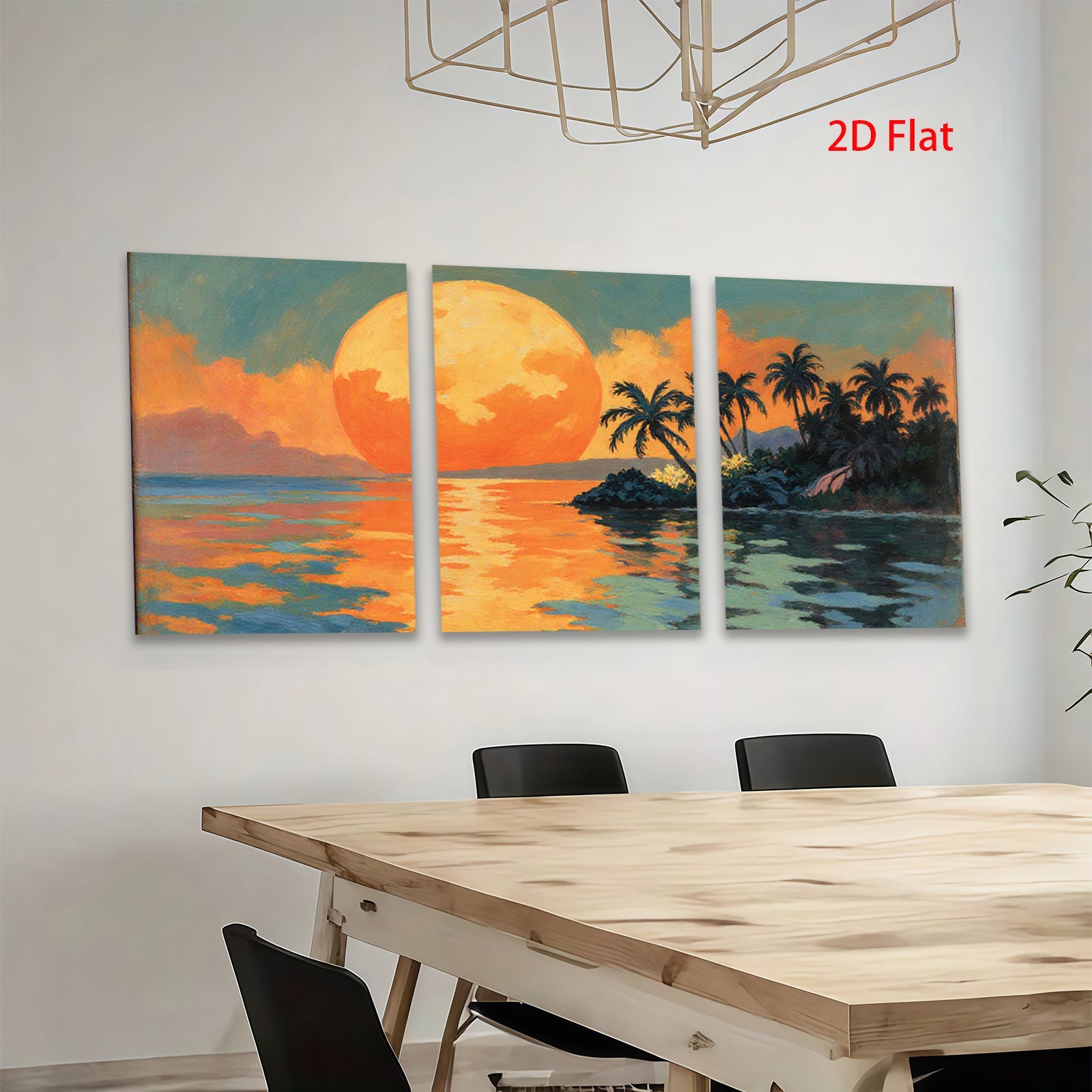 2D flat 1pc Tropical Sunset Palm Trees Ocean Coastal Wall Art Decor Living Room Bedroom Canvas Prints Modern Farmhouse Style Gallery Wrapped Ready to Hang