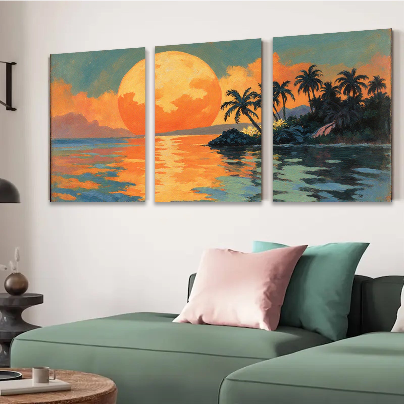 2D flat 1pc Tropical Sunset Palm Trees Ocean Coastal Wall Art Decor Living Room Bedroom Canvas Prints Modern Farmhouse Style Gallery Wrapped Ready to Hang