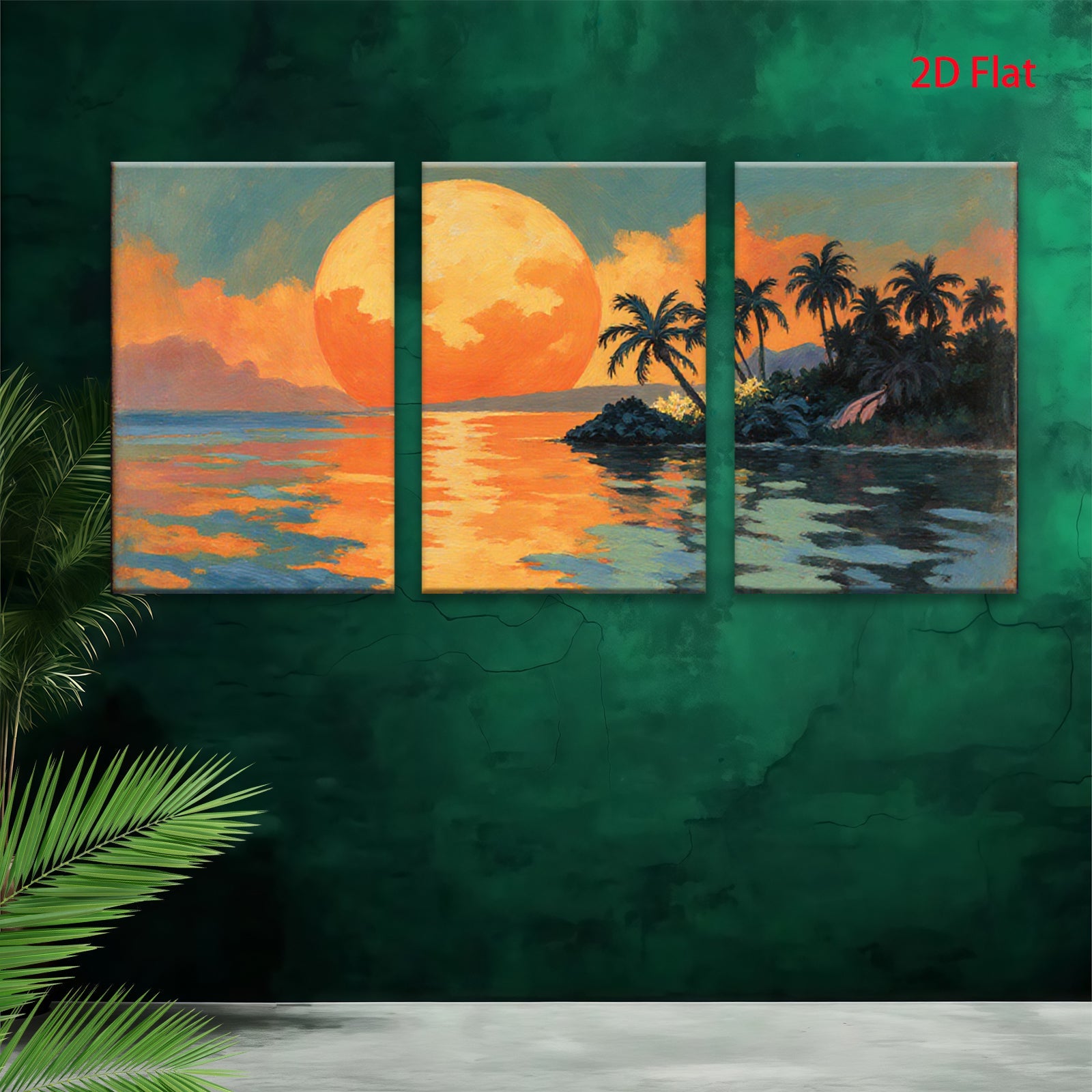 2D flat 1pc Tropical Sunset Palm Trees Ocean Coastal Wall Art Decor Living Room Bedroom Canvas Prints Modern Farmhouse Style Gallery Wrapped Ready to Hang