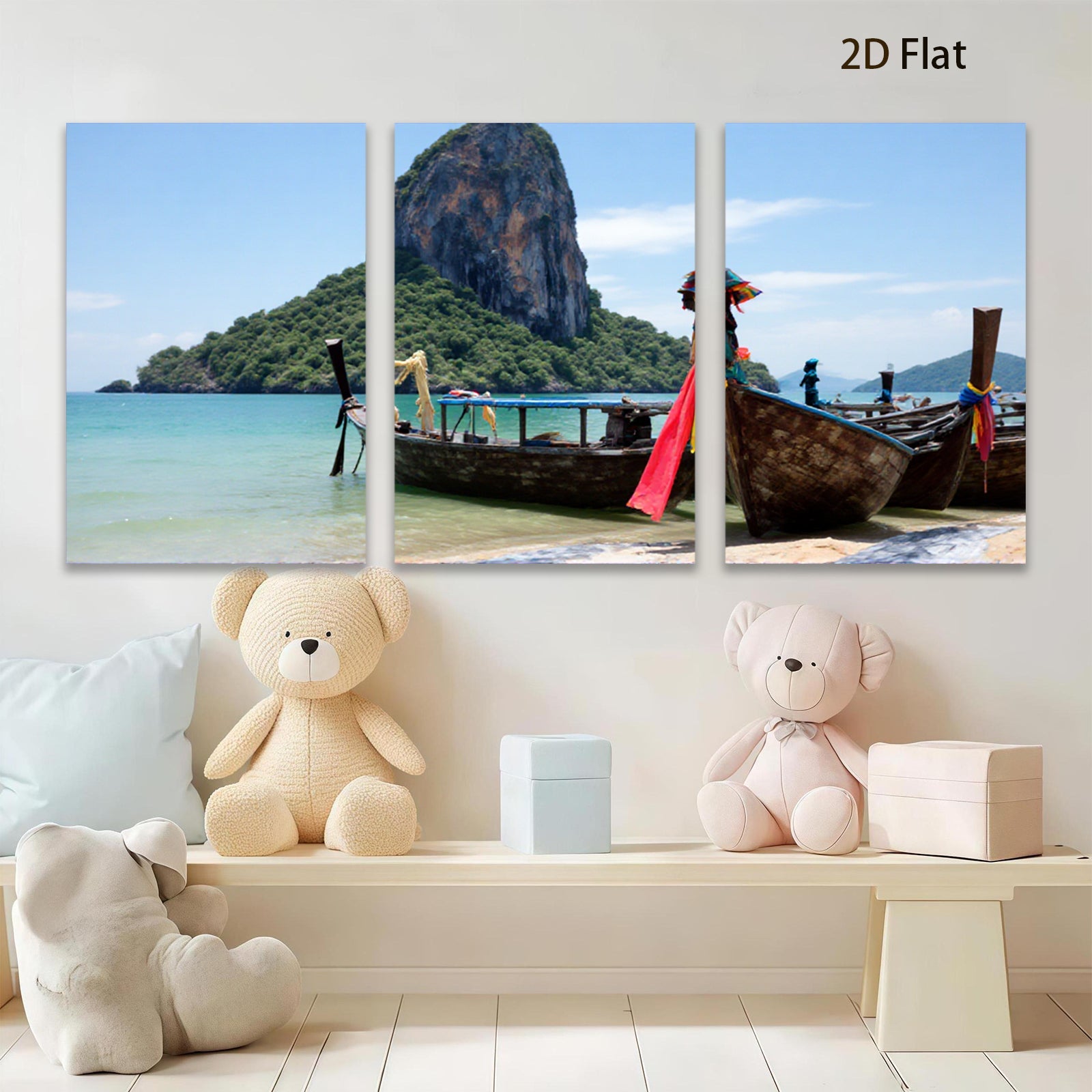 2D flat 1pc Tropical Thai Longtail Boats Beach Coastal Wall Art Living Room Bedroom Decor Farmhouse Style Gallery Wrapped Canvas Prints Ready to Hang Modern Home Decorations