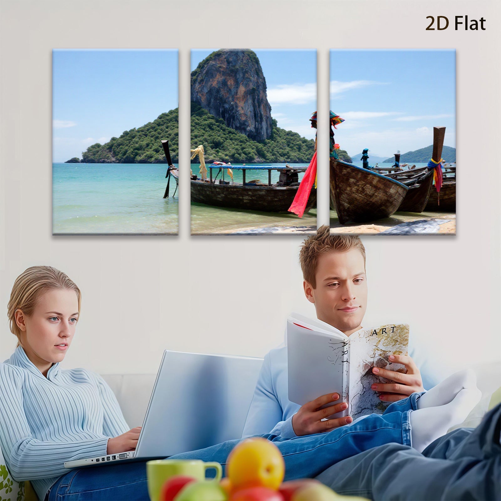 2D flat 1pc Tropical Thai Longtail Boats Beach Coastal Wall Art Living Room Bedroom Decor Farmhouse Style Gallery Wrapped Canvas Prints Ready to Hang Modern Home Decorations