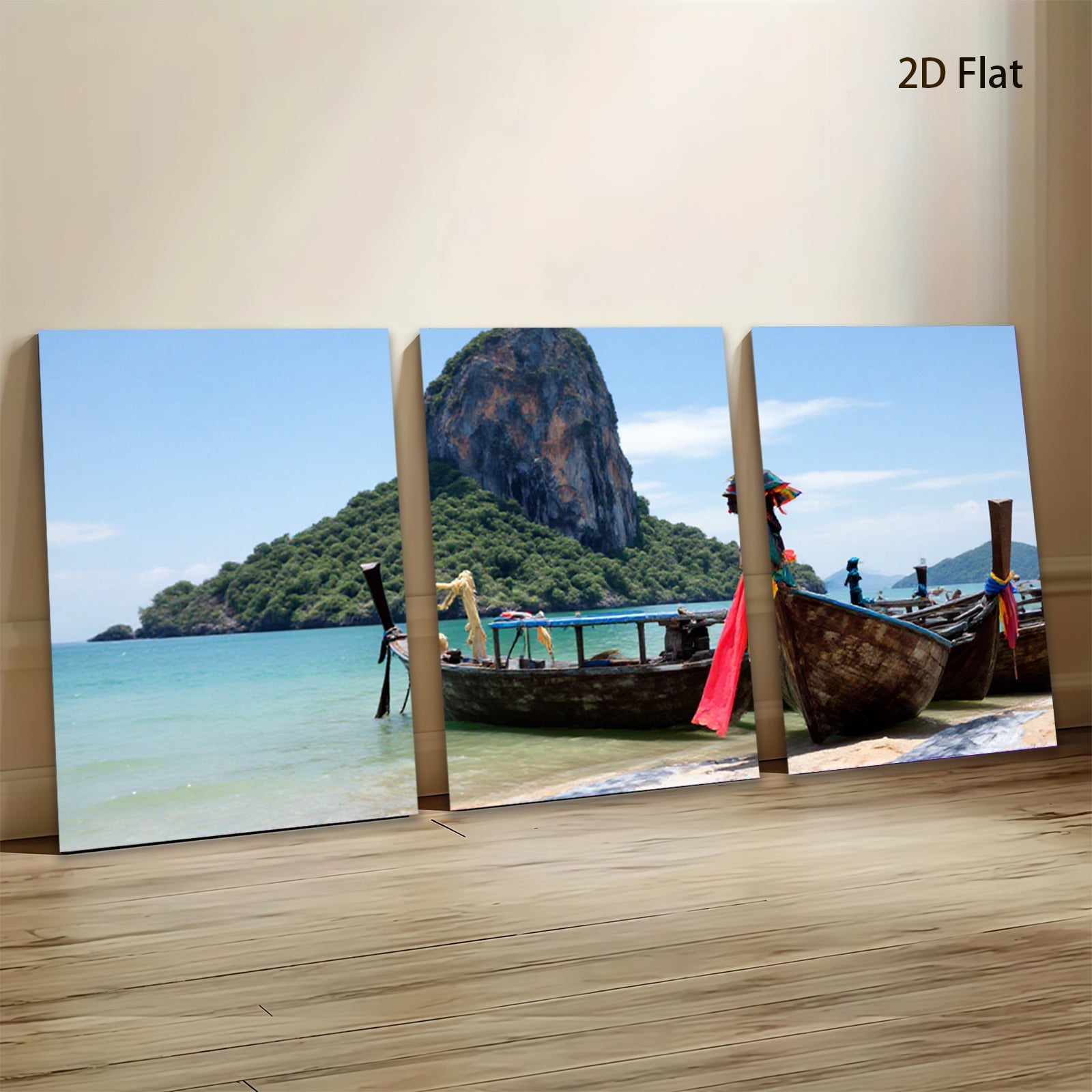 2D flat 1pc Tropical Thai Longtail Boats Beach Coastal Wall Art Living Room Bedroom Decor Farmhouse Style Gallery Wrapped Canvas Prints Ready to Hang Modern Home Decorations