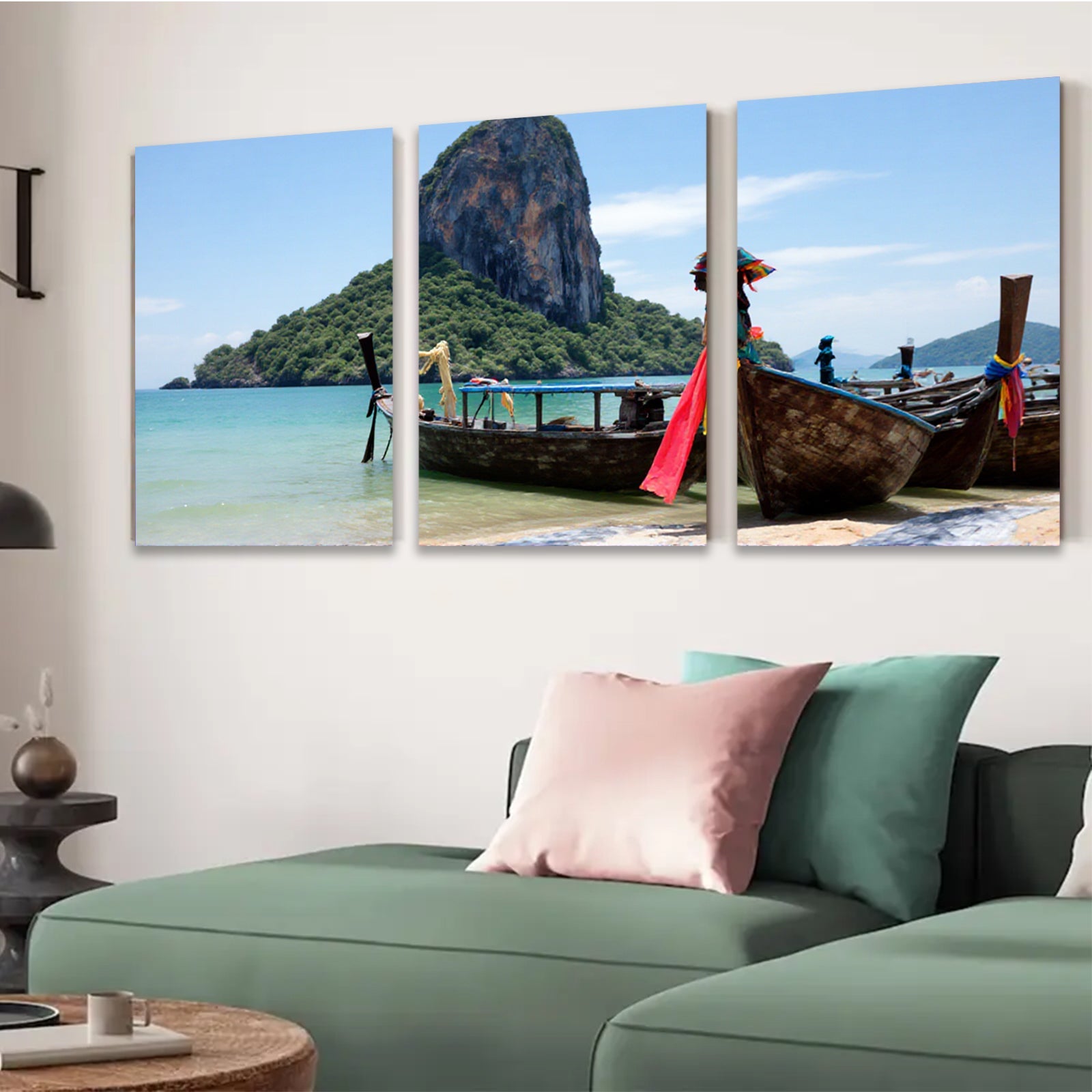 2D flat 1pc Tropical Thai Longtail Boats Beach Coastal Wall Art Living Room Bedroom Decor Farmhouse Style Gallery Wrapped Canvas Prints Ready to Hang Modern Home Decorations
