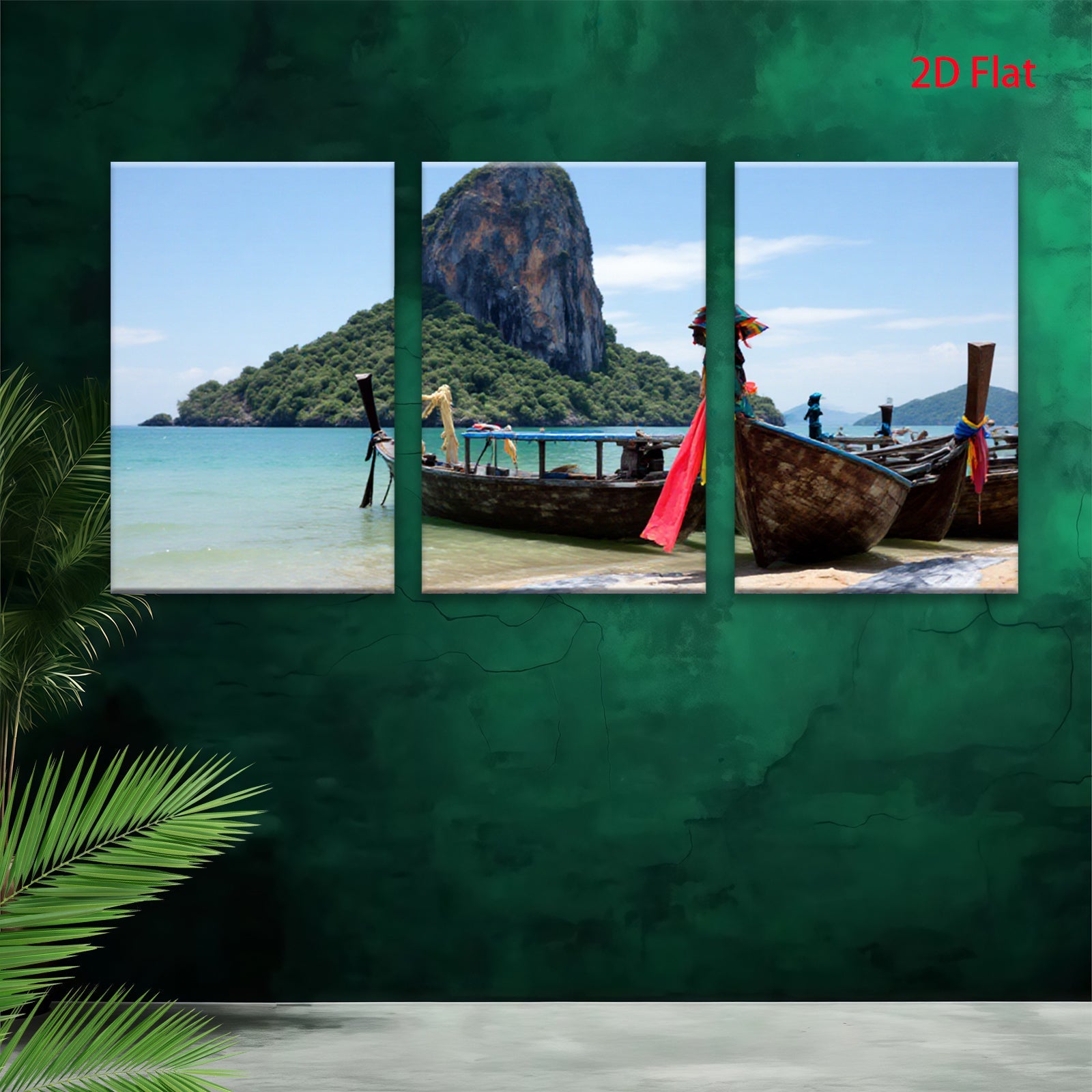 2D flat 1pc Tropical Thai Longtail Boats Beach Coastal Wall Art Living Room Bedroom Decor Farmhouse Style Gallery Wrapped Canvas Prints Ready to Hang Modern Home Decorations