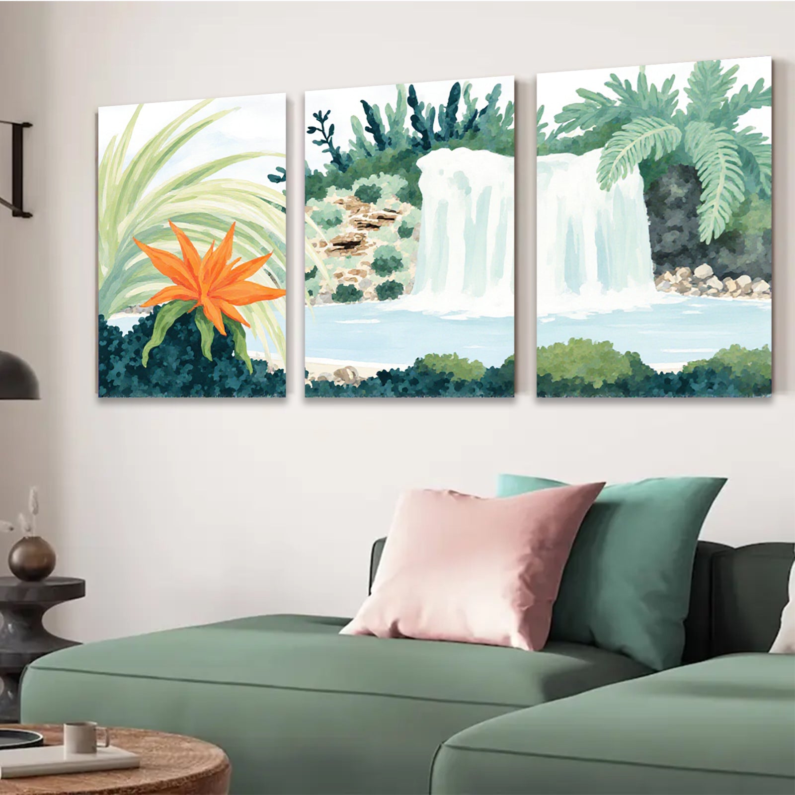 2D flat 1pc Tropical Waterfall Oasis Lush Greenery Living Room Bedroom Gallery Wall Art Modern Farmhouse Decor Coastal Vibes