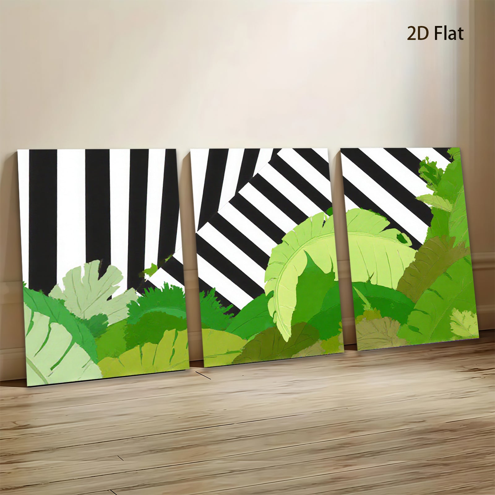 2D flat 1pc Tropical leaves meet bold stripes modern wall art for living room bedroom gallery wrapped canvas prints farmhouse decor botanical style