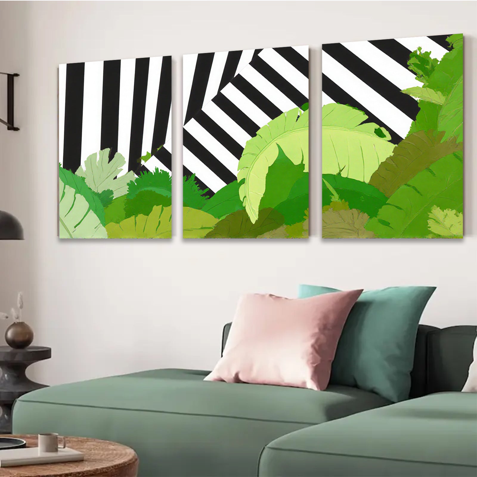 2D flat 1pc Tropical leaves meet bold stripes modern wall art for living room bedroom gallery wrapped canvas prints farmhouse decor botanical style