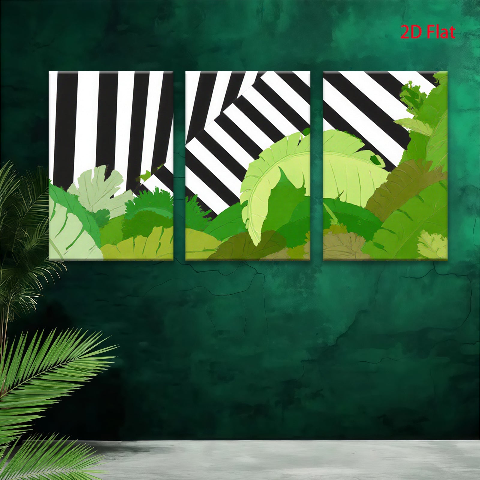 2D flat 1pc Tropical leaves meet bold stripes modern wall art for living room bedroom gallery wrapped canvas prints farmhouse decor botanical style