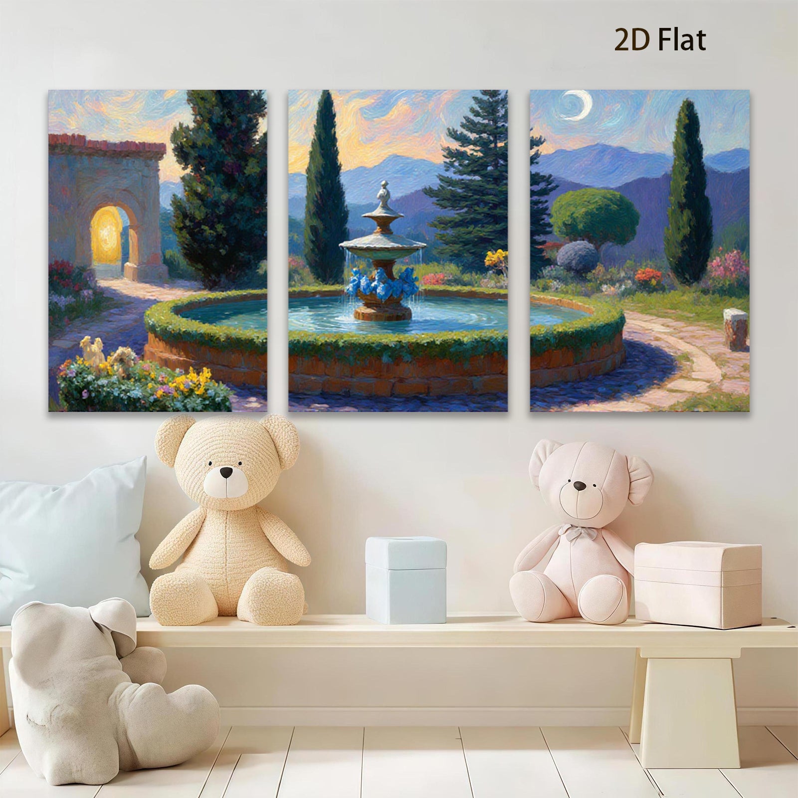 2D flat 1pc Tuscan Garden Fountain Landscape Wall Art Decor for Living Room Bedroom Home Office Gallery Wrapped Canvas Prints Modern Farmhouse Style