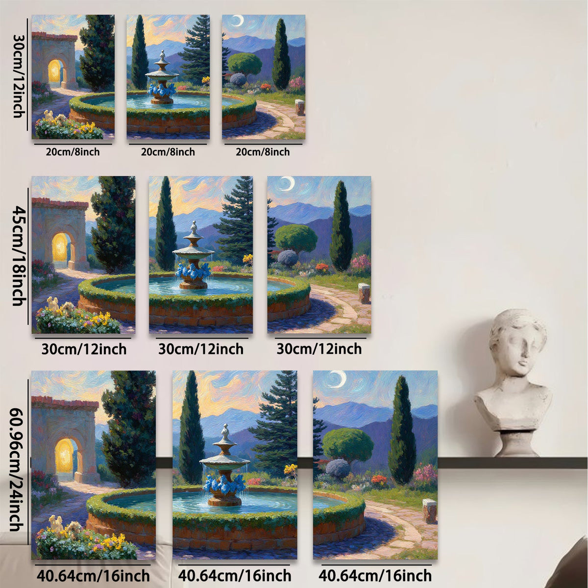 2D flat 1pc Tuscan Garden Fountain Landscape Wall Art Decor for Living Room Bedroom Home Office Gallery Wrapped Canvas Prints Modern Farmhouse Style
