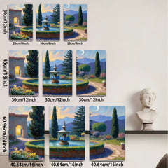 2D flat 1pc Tuscan Garden Fountain Landscape Wall Art Decor for Living Room Bedroom Home Office Gallery Wrapped Canvas Prints Modern Farmhouse Style
