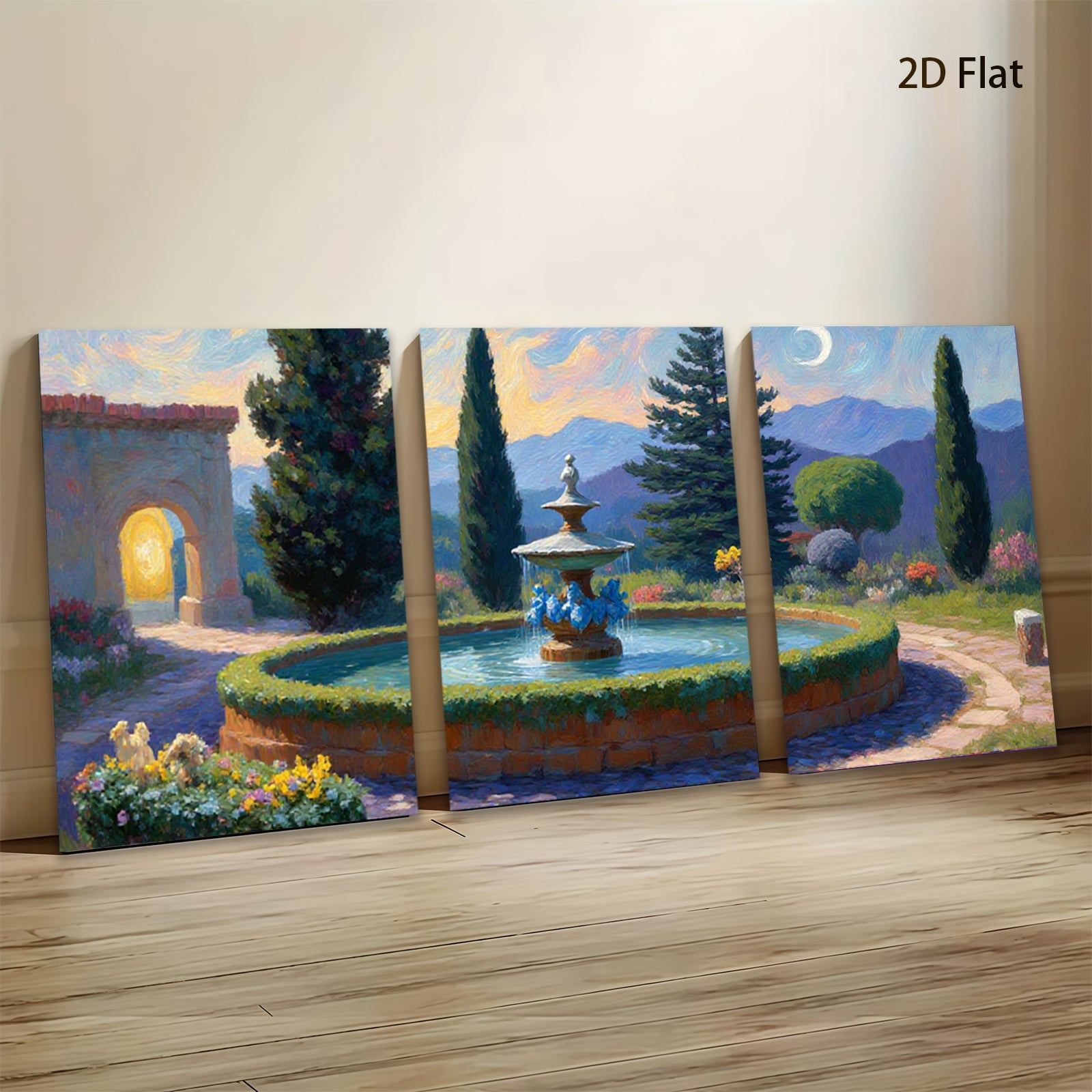 2D flat 1pc Tuscan Garden Fountain Landscape Wall Art Decor for Living Room Bedroom Home Office Gallery Wrapped Canvas Prints Modern Farmhouse Style