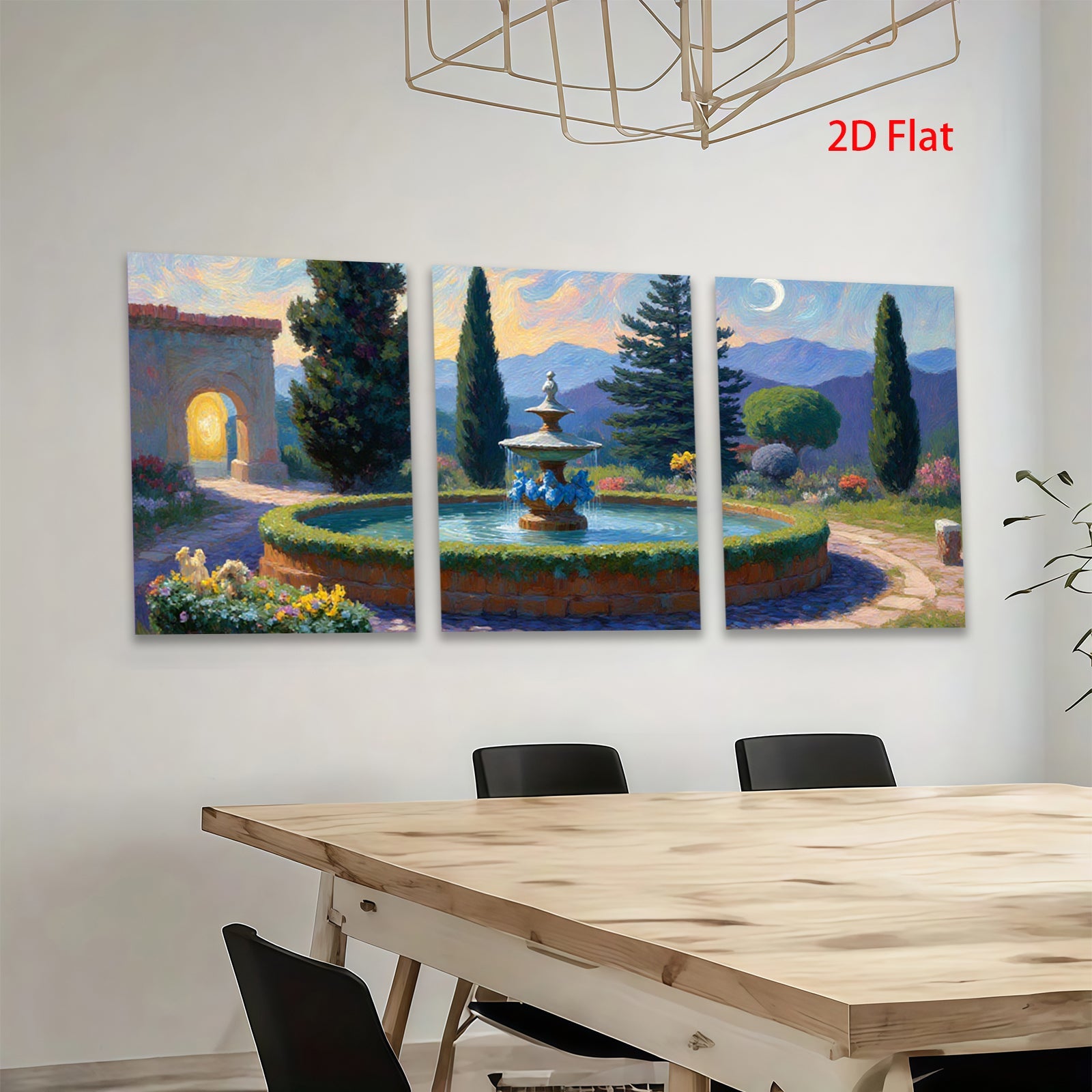 2D flat 1pc Tuscan Garden Fountain Landscape Wall Art Decor for Living Room Bedroom Home Office Gallery Wrapped Canvas Prints Modern Farmhouse Style