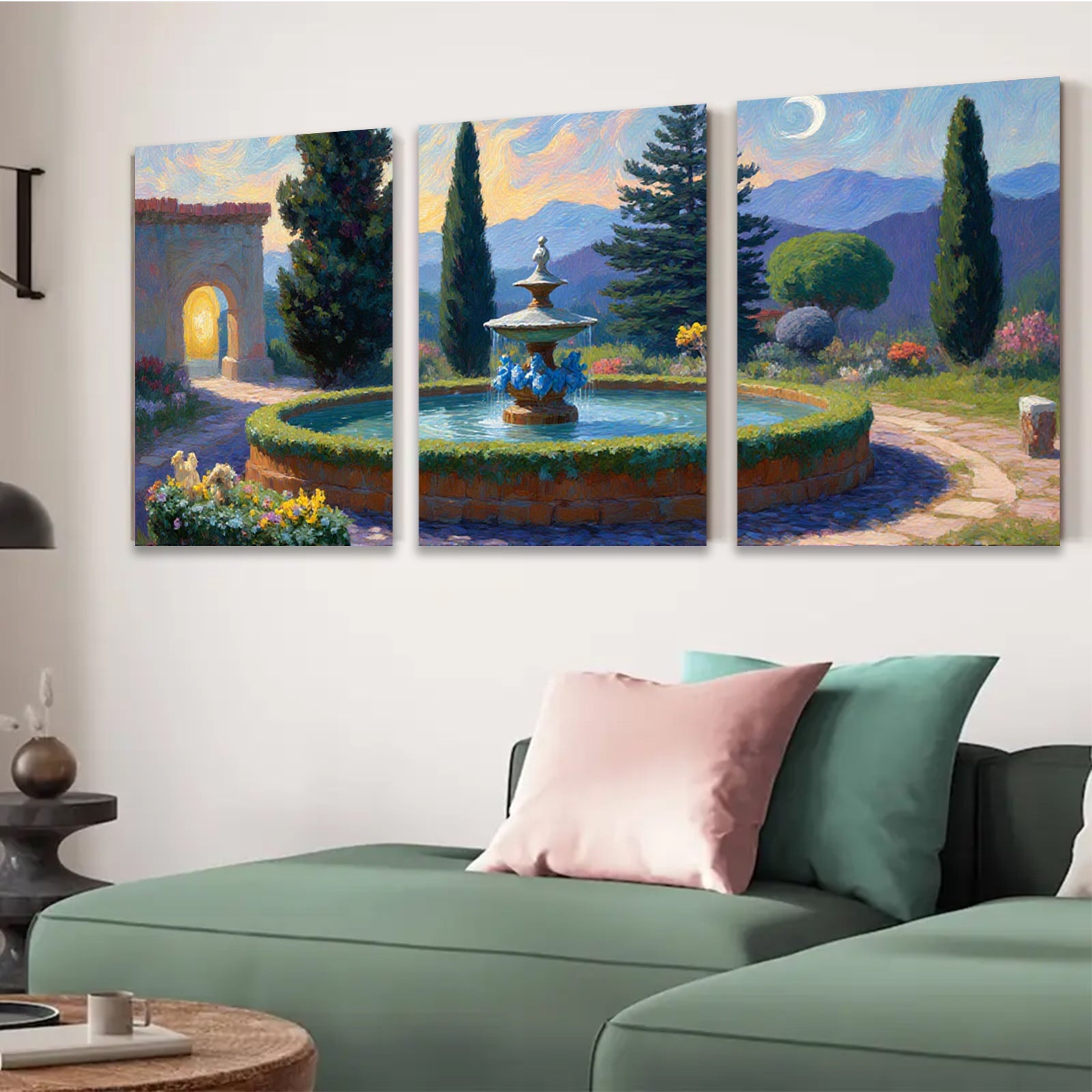 2D flat 1pc Tuscan Garden Fountain Landscape Wall Art Decor for Living Room Bedroom Home Office Gallery Wrapped Canvas Prints Modern Farmhouse Style