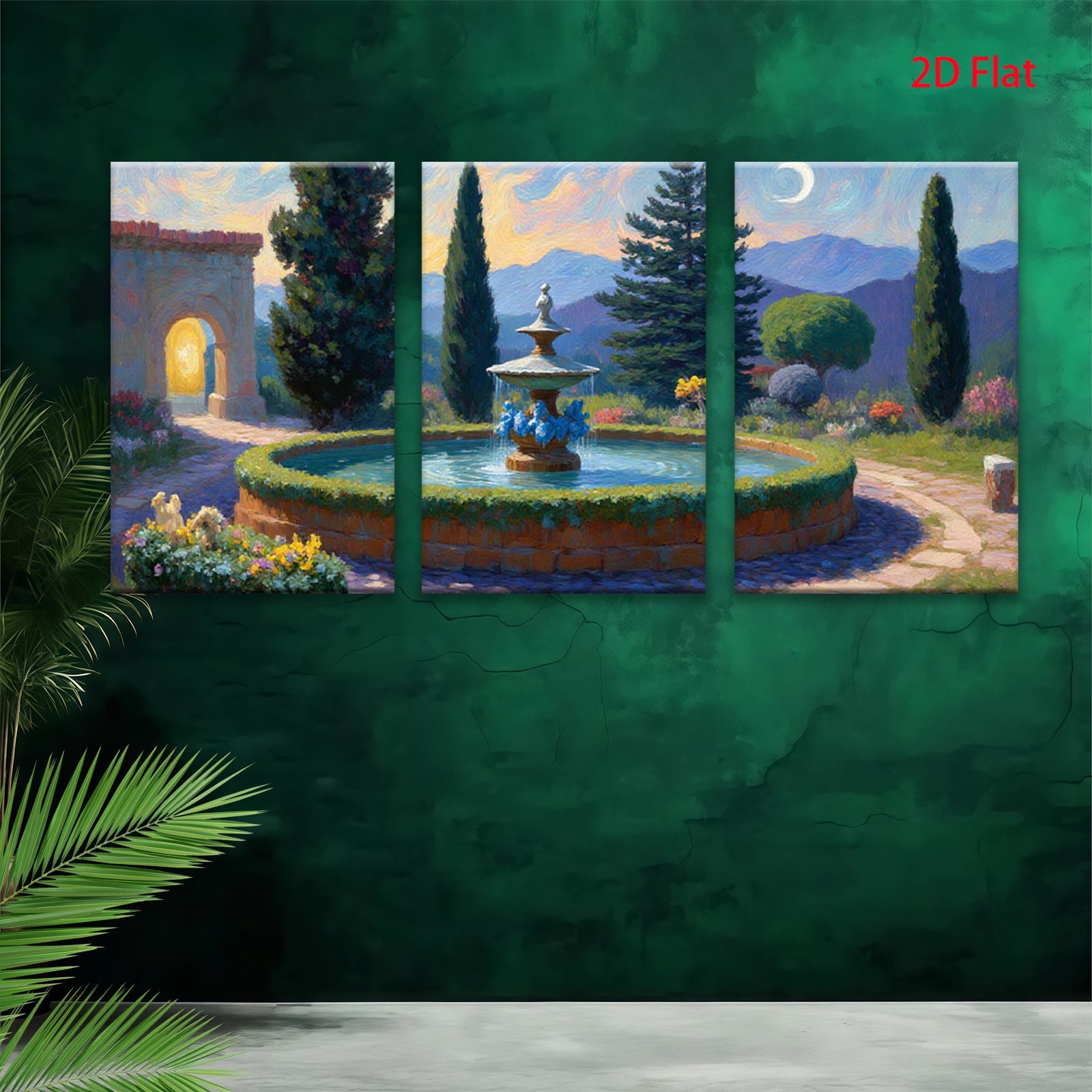 2D flat 1pc Tuscan Garden Fountain Landscape Wall Art Decor for Living Room Bedroom Home Office Gallery Wrapped Canvas Prints Modern Farmhouse Style