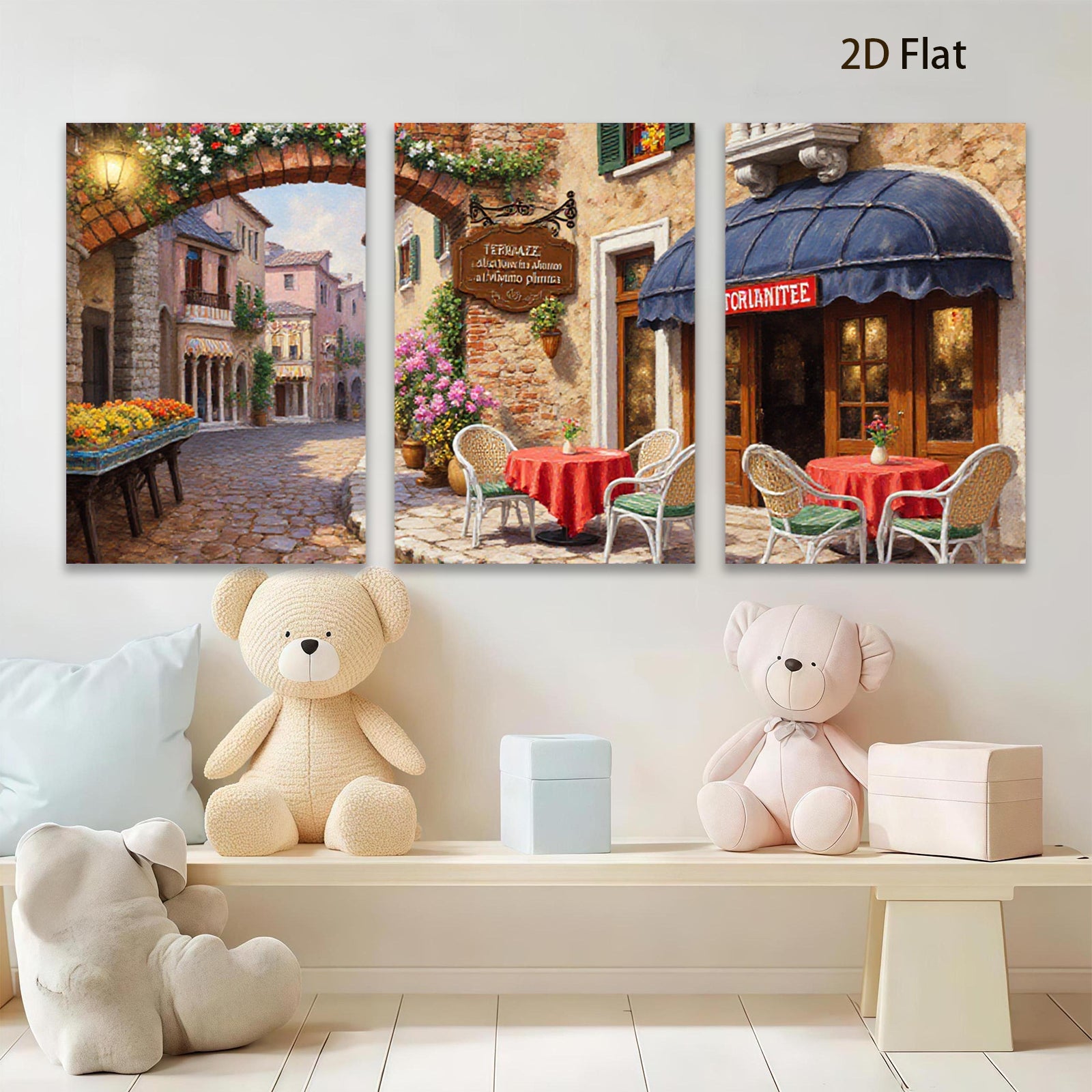 2D flat 1pc Tuscan Street Cafe Painting Wall Art for Living Room Bedroom Home Decor Farmhouse Style Gallery Wrapped Canvas Prints Ready to Hang