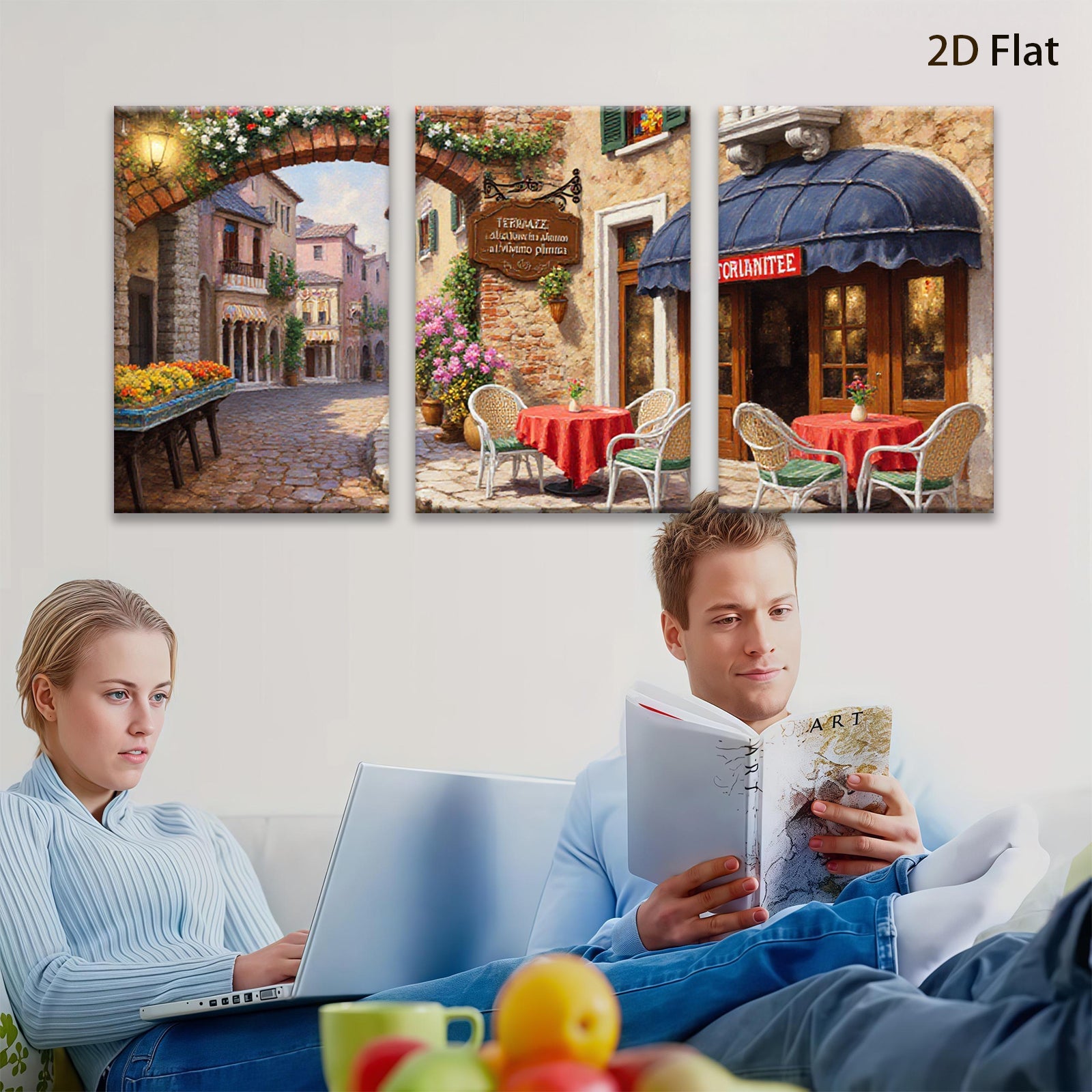 2D flat 1pc Tuscan Street Cafe Painting Wall Art for Living Room Bedroom Home Decor Farmhouse Style Gallery Wrapped Canvas Prints Ready to Hang