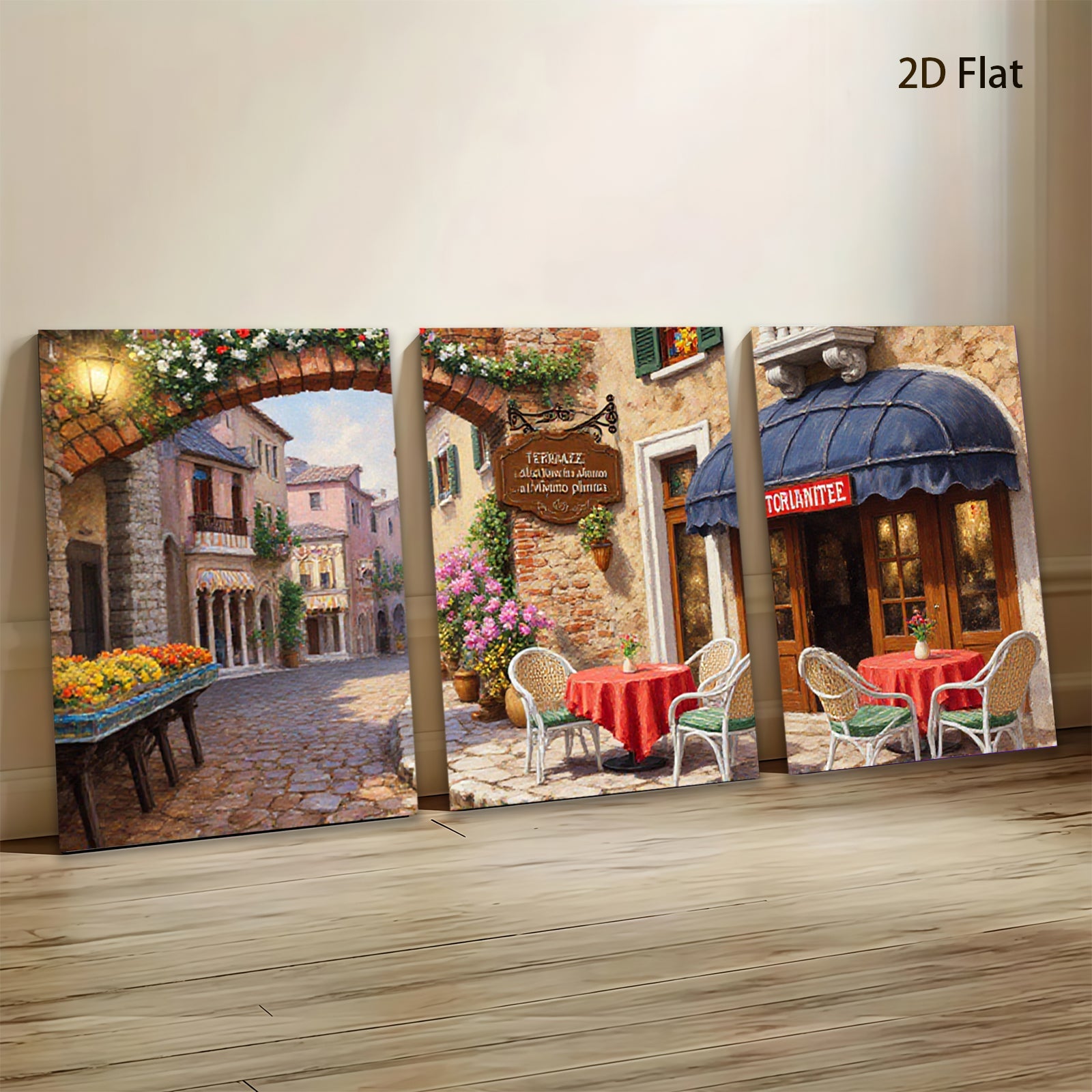 2D flat 1pc Tuscan Street Cafe Painting Wall Art for Living Room Bedroom Home Decor Farmhouse Style Gallery Wrapped Canvas Prints Ready to Hang