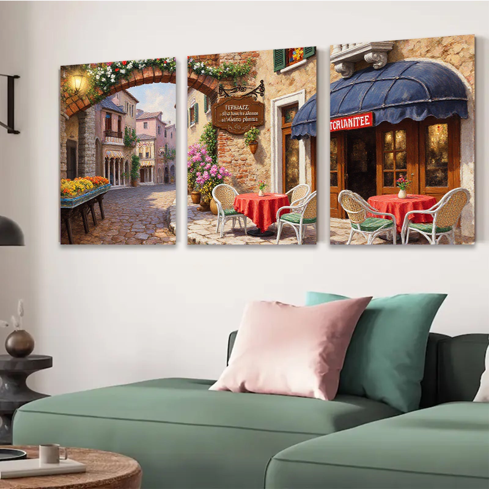 2D flat 1pc Tuscan Street Cafe Painting Wall Art for Living Room Bedroom Home Decor Farmhouse Style Gallery Wrapped Canvas Prints Ready to Hang