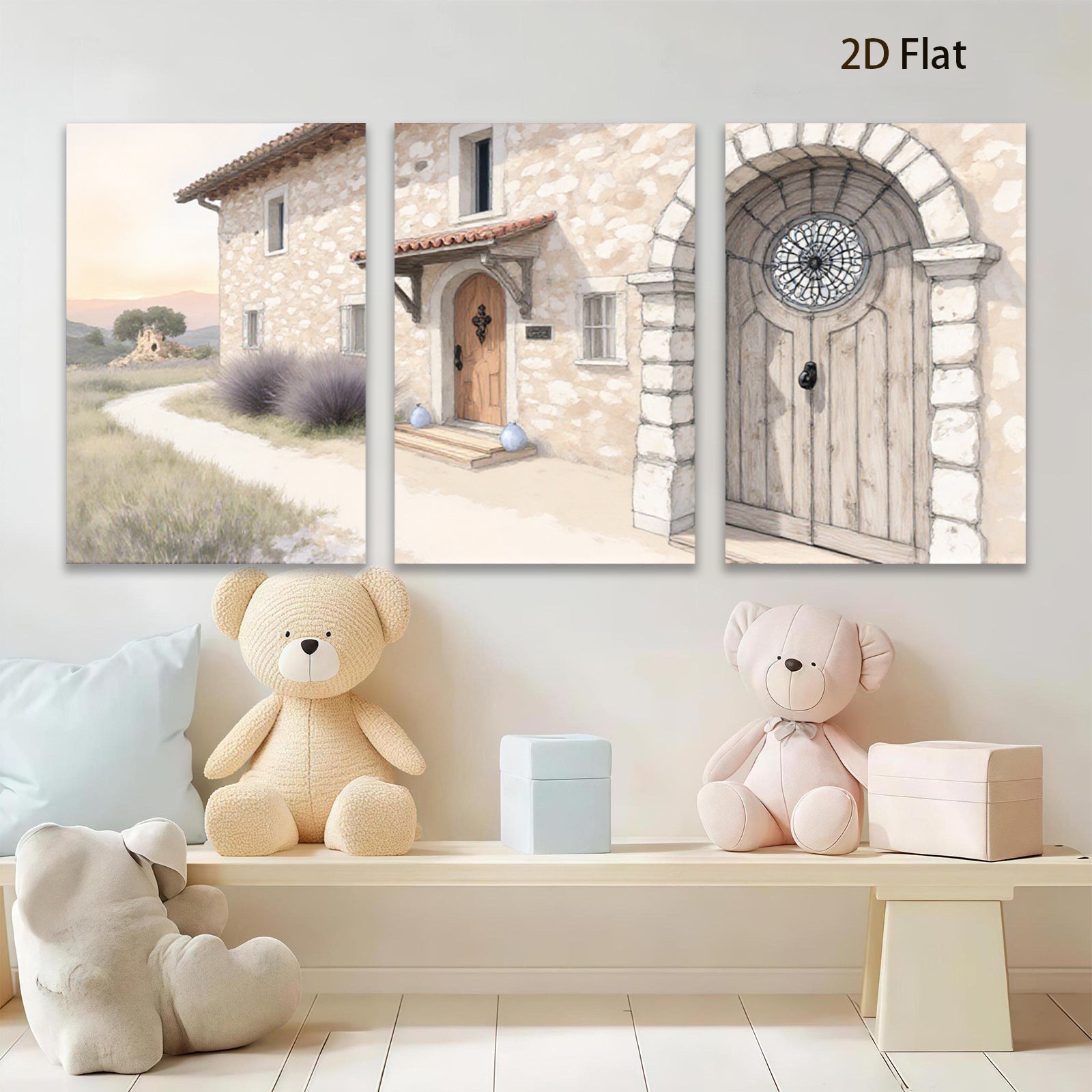 2D flat 1pc Tuscan villa entryway stone facade warm lighting farmhouse decor living room bedroom gallery wall art modern minimalist