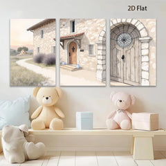 2D flat 1pc Tuscan villa entryway stone facade warm lighting farmhouse decor living room bedroom gallery wall art modern minimalist