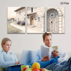 2D flat 1pc Tuscan villa entryway stone facade warm lighting farmhouse decor living room bedroom gallery wall art modern minimalist