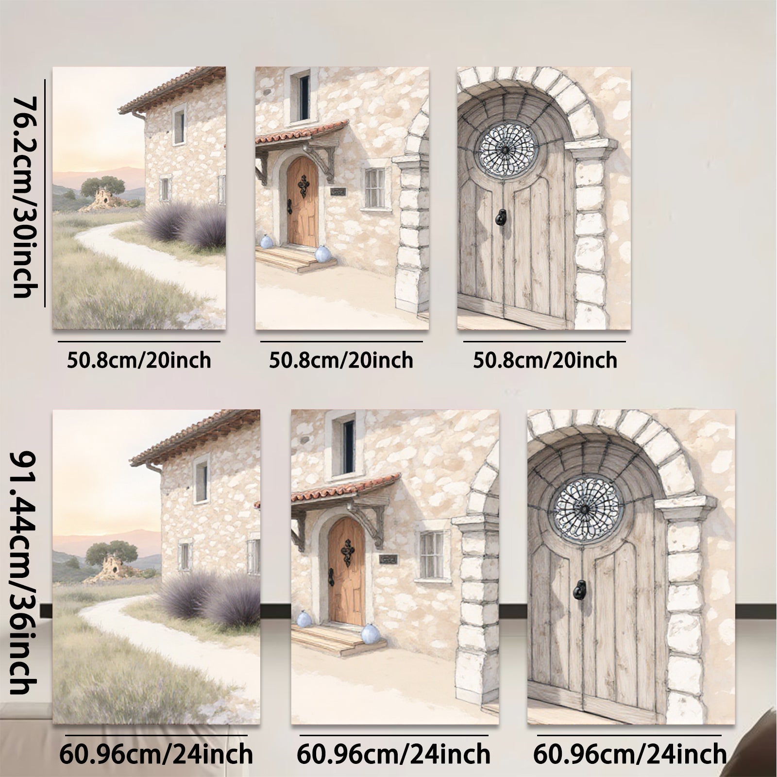 2D flat 1pc Tuscan villa entryway stone facade warm lighting farmhouse decor living room bedroom gallery wall art modern minimalist