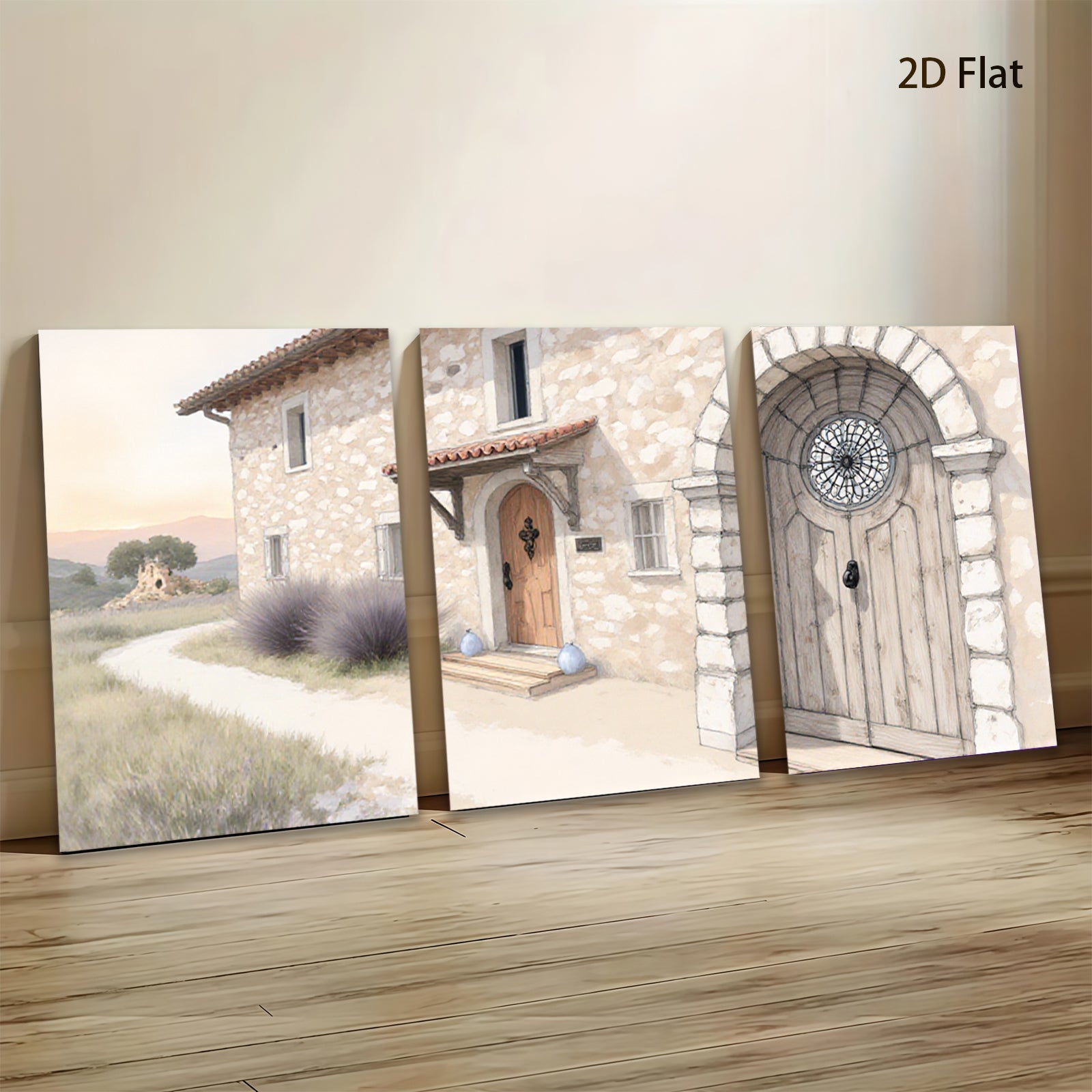 2D flat 1pc Tuscan villa entryway stone facade warm lighting farmhouse decor living room bedroom gallery wall art modern minimalist
