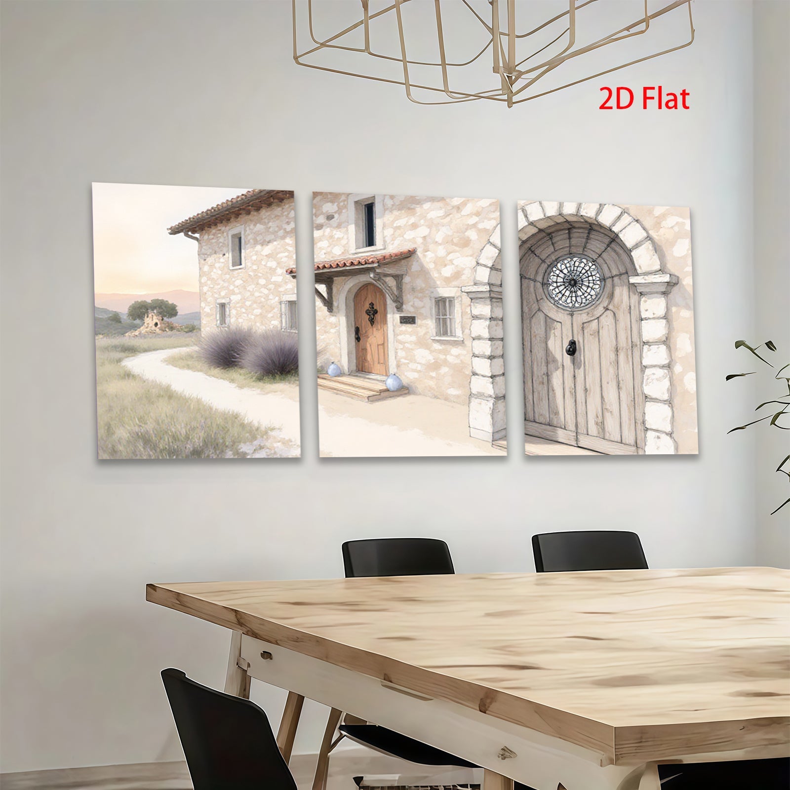 2D flat 1pc Tuscan villa entryway stone facade warm lighting farmhouse decor living room bedroom gallery wall art modern minimalist