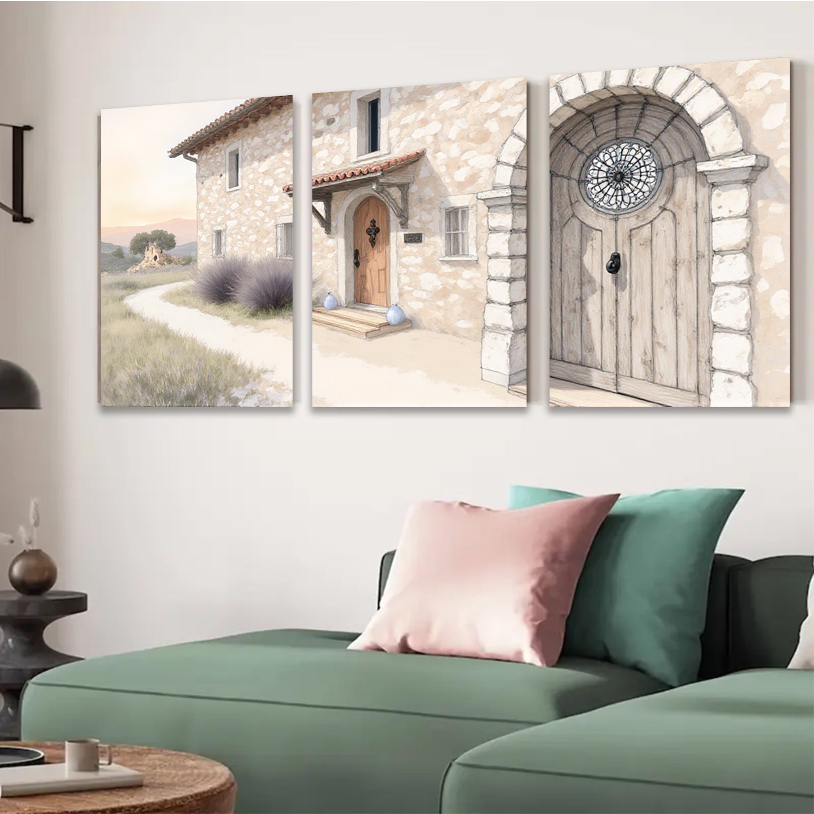 2D flat 1pc Tuscan villa entryway stone facade warm lighting farmhouse decor living room bedroom gallery wall art modern minimalist