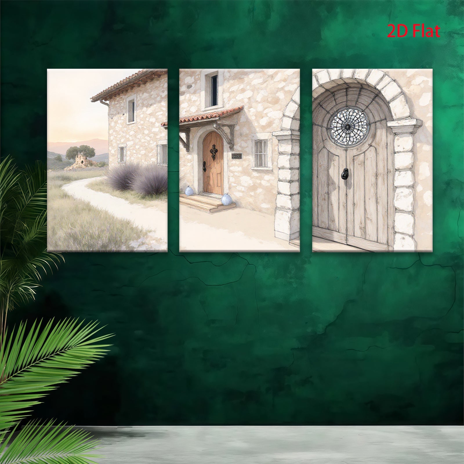 2D flat 1pc Tuscan villa entryway stone facade warm lighting farmhouse decor living room bedroom gallery wall art modern minimalist