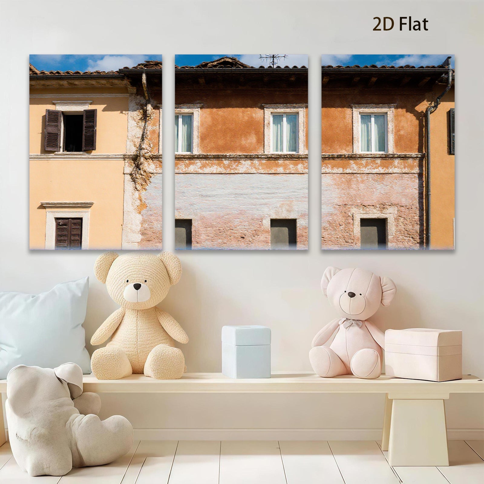 2D flat 1pc Tuscan villa facade warm sunlight rustic charm living room bedroom gallery wall farmhouse decor modern minimalist statement piece