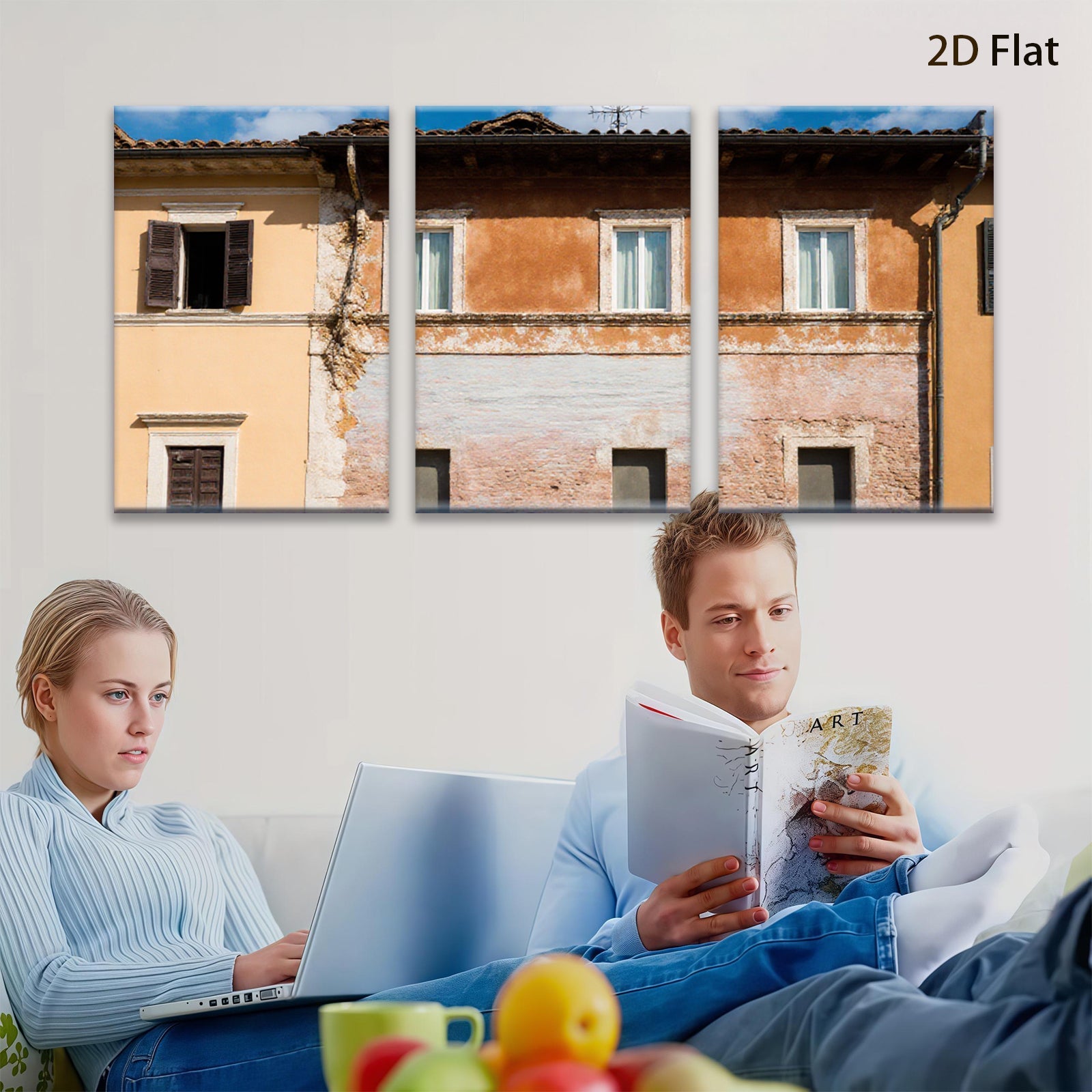 2D flat 1pc Tuscan villa facade warm sunlight rustic charm living room bedroom gallery wall farmhouse decor modern minimalist statement piece