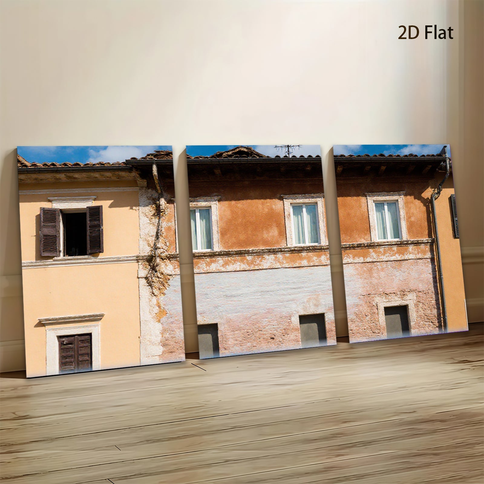 2D flat 1pc Tuscan villa facade warm sunlight rustic charm living room bedroom gallery wall farmhouse decor modern minimalist statement piece