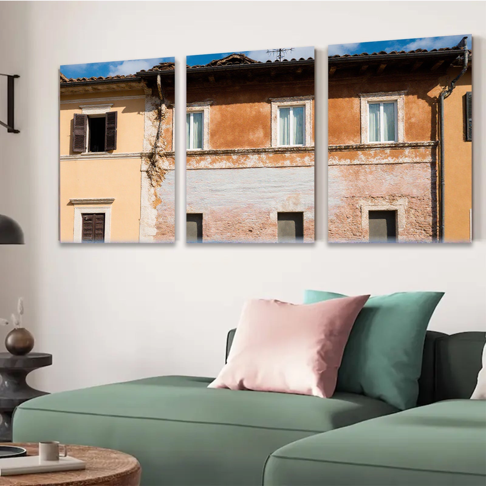 2D flat 1pc Tuscan villa facade warm sunlight rustic charm living room bedroom gallery wall farmhouse decor modern minimalist statement piece