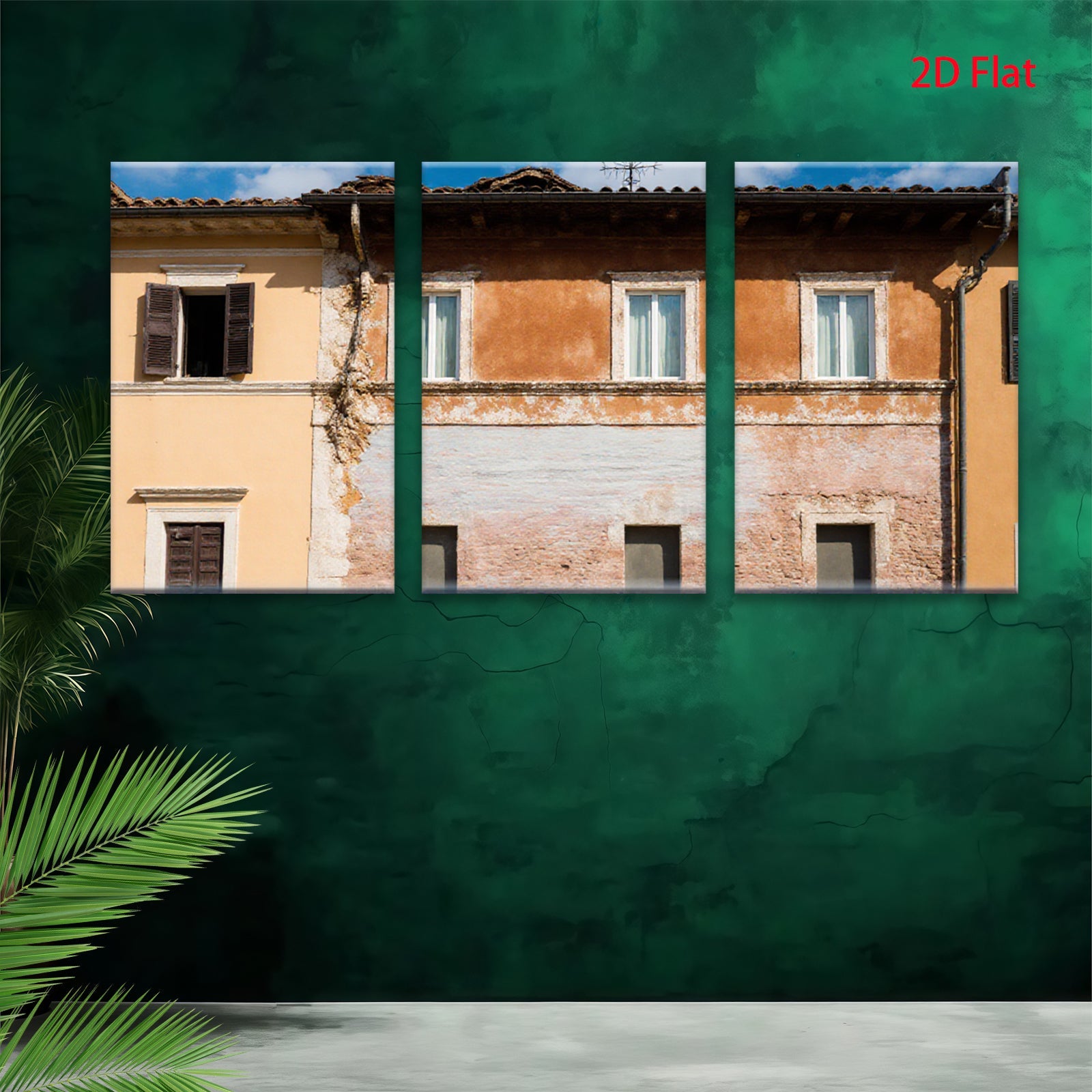 2D flat 1pc Tuscan villa facade warm sunlight rustic charm living room bedroom gallery wall farmhouse decor modern minimalist statement piece