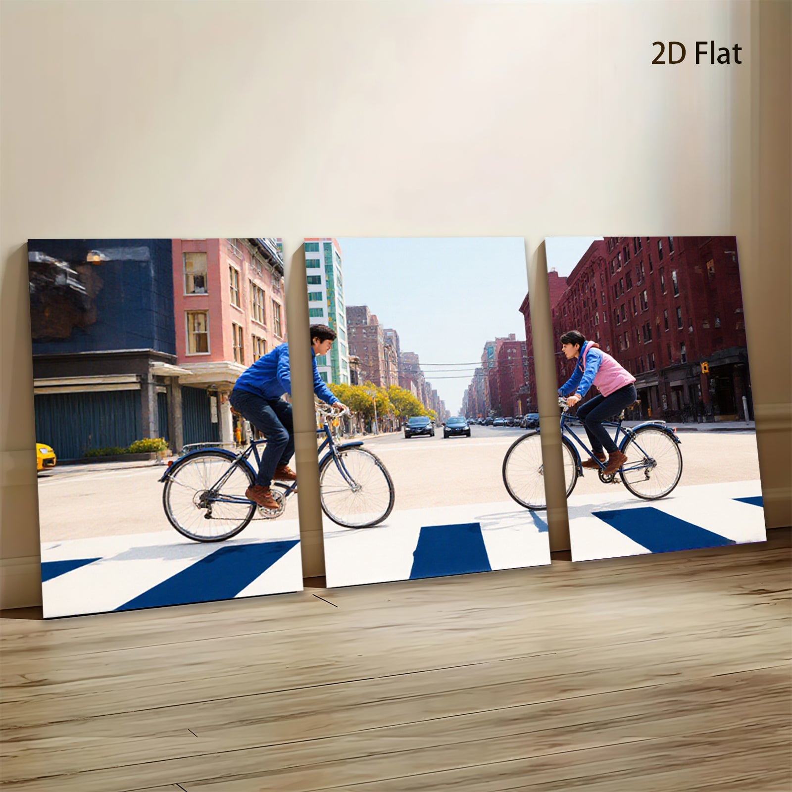 2D flat 1pc Urban cyclists crossing vibrant city street modern farmhouse living room decor gallery wall art bedroom statement piece cozy vibes trending now