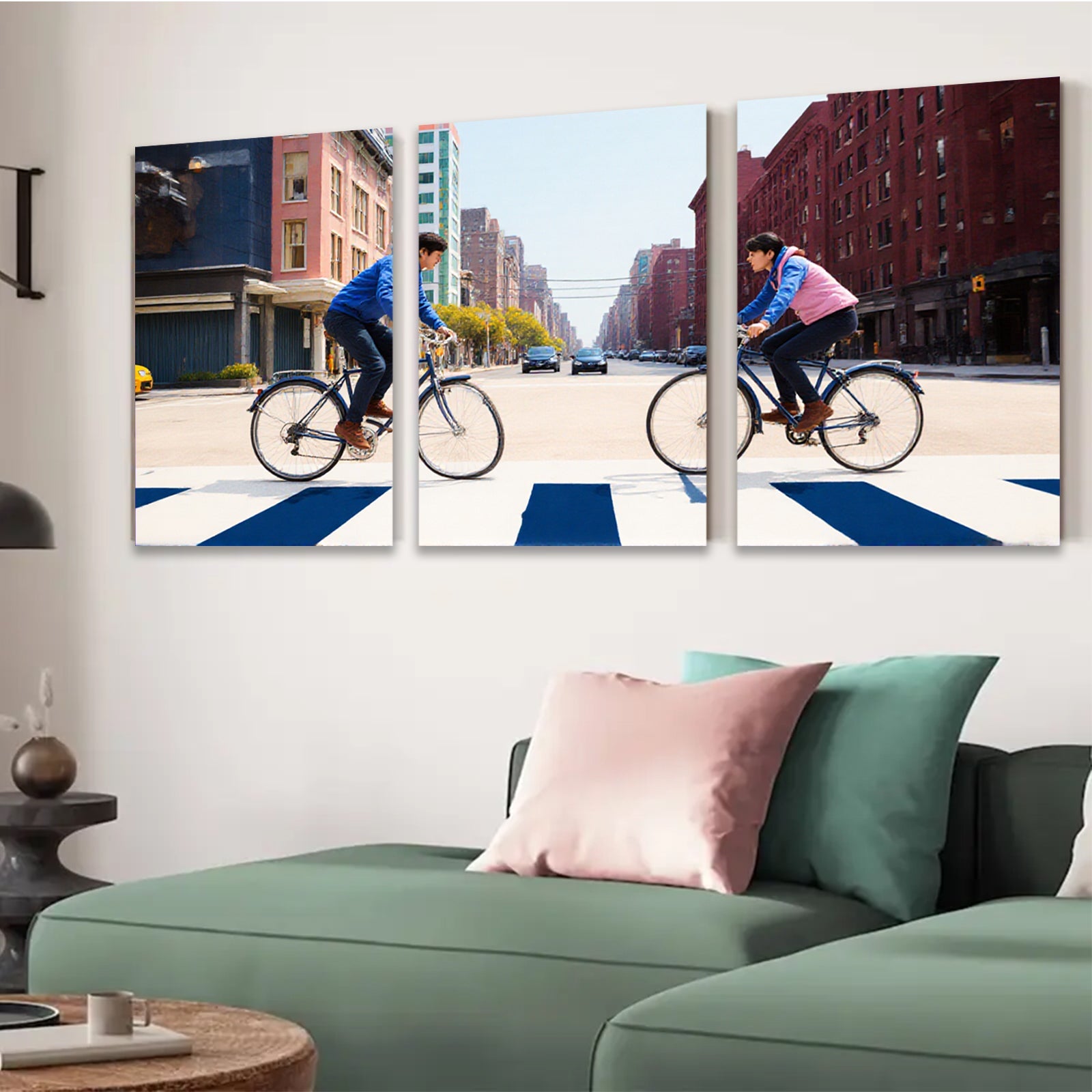 2D flat 1pc Urban cyclists crossing vibrant city street modern farmhouse living room decor gallery wall art bedroom statement piece cozy vibes trending now