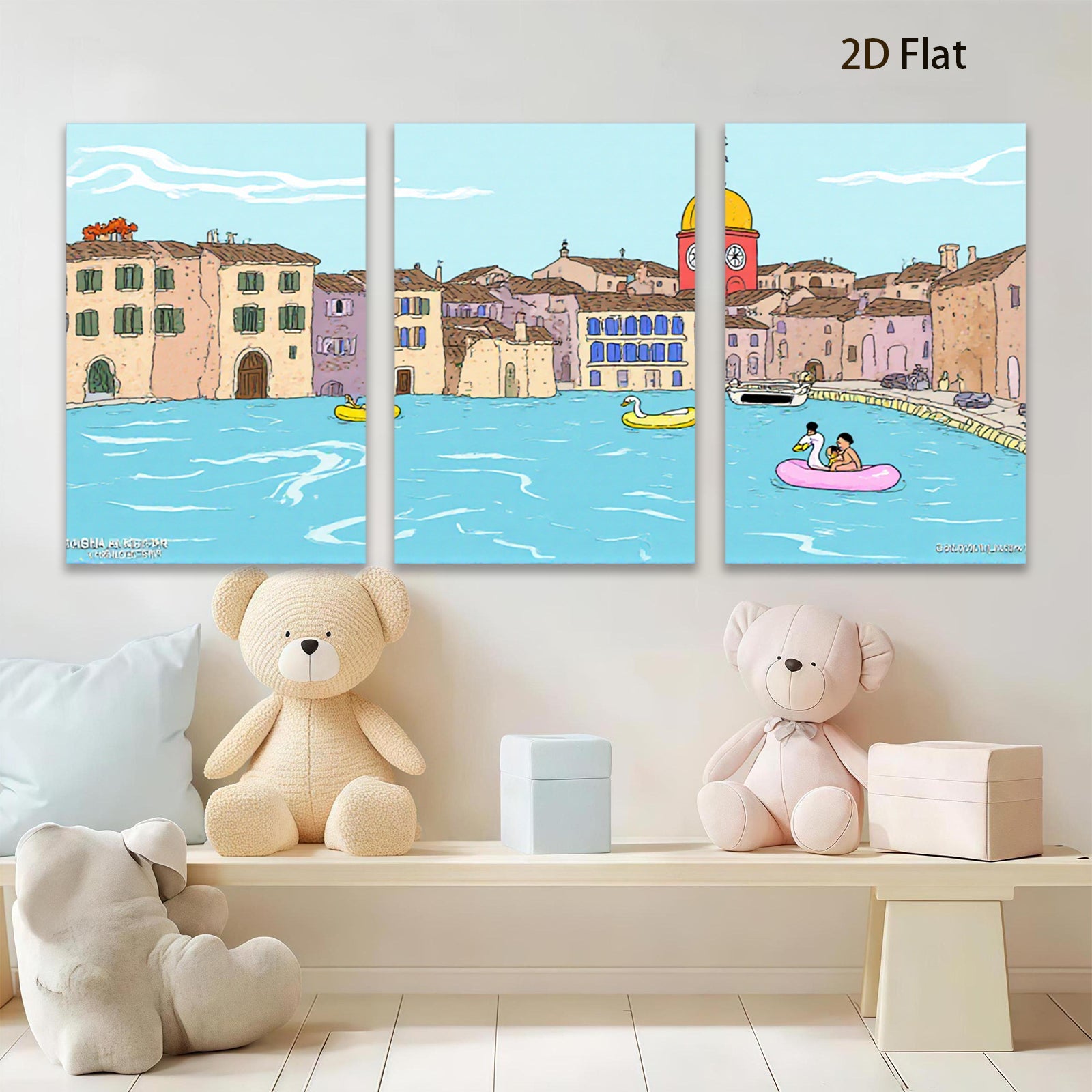 2D flat 1pc Venice Canal Boating Scene Wall Art Living Room Bedroom Home Decor Farmhouse Style Gallery Wrapped Canvas Prints Modern Aesthetic