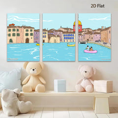 2D flat 1pc Venice Canal Boating Scene Wall Art Living Room Bedroom Home Decor Farmhouse Style Gallery Wrapped Canvas Prints Modern Aesthetic