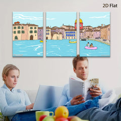2D flat 1pc Venice Canal Boating Scene Wall Art Living Room Bedroom Home Decor Farmhouse Style Gallery Wrapped Canvas Prints Modern Aesthetic