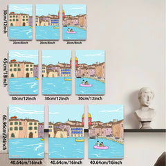 2D flat 1pc Venice Canal Boating Scene Wall Art Living Room Bedroom Home Decor Farmhouse Style Gallery Wrapped Canvas Prints Modern Aesthetic