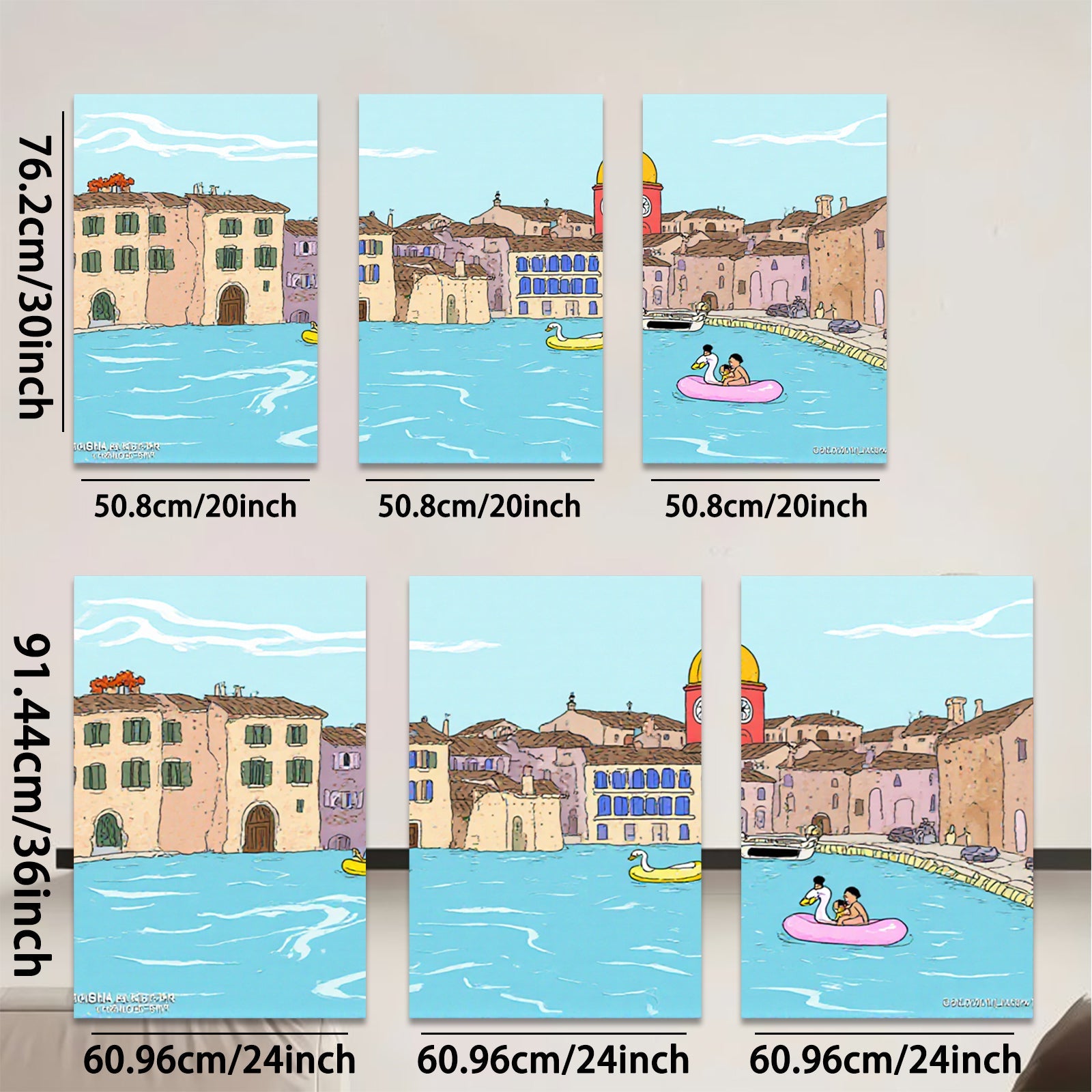 2D flat 1pc Venice Canal Boating Scene Wall Art Living Room Bedroom Home Decor Farmhouse Style Gallery Wrapped Canvas Prints Modern Aesthetic