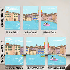 2D flat 1pc Venice Canal Boating Scene Wall Art Living Room Bedroom Home Decor Farmhouse Style Gallery Wrapped Canvas Prints Modern Aesthetic