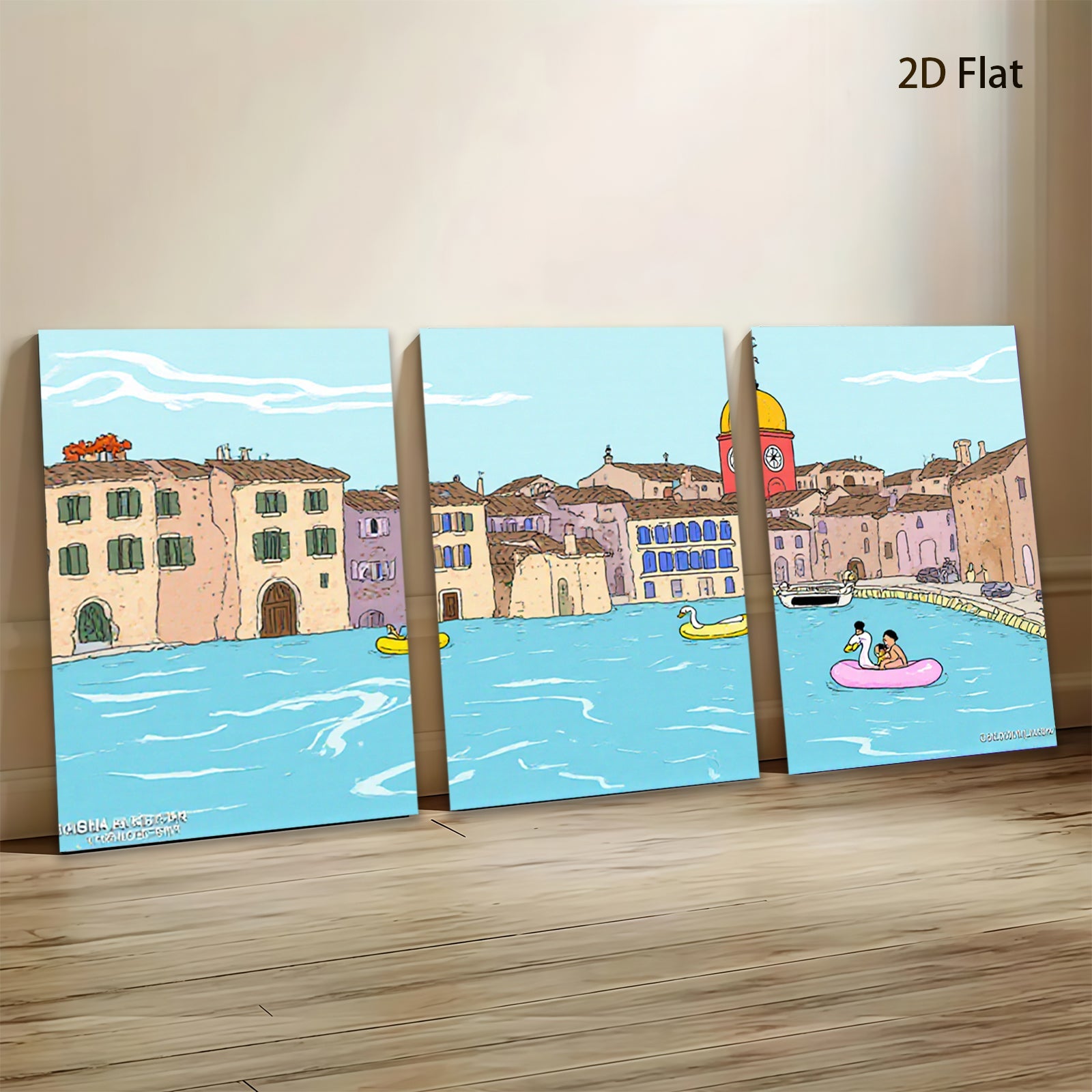 2D flat 1pc Venice Canal Boating Scene Wall Art Living Room Bedroom Home Decor Farmhouse Style Gallery Wrapped Canvas Prints Modern Aesthetic