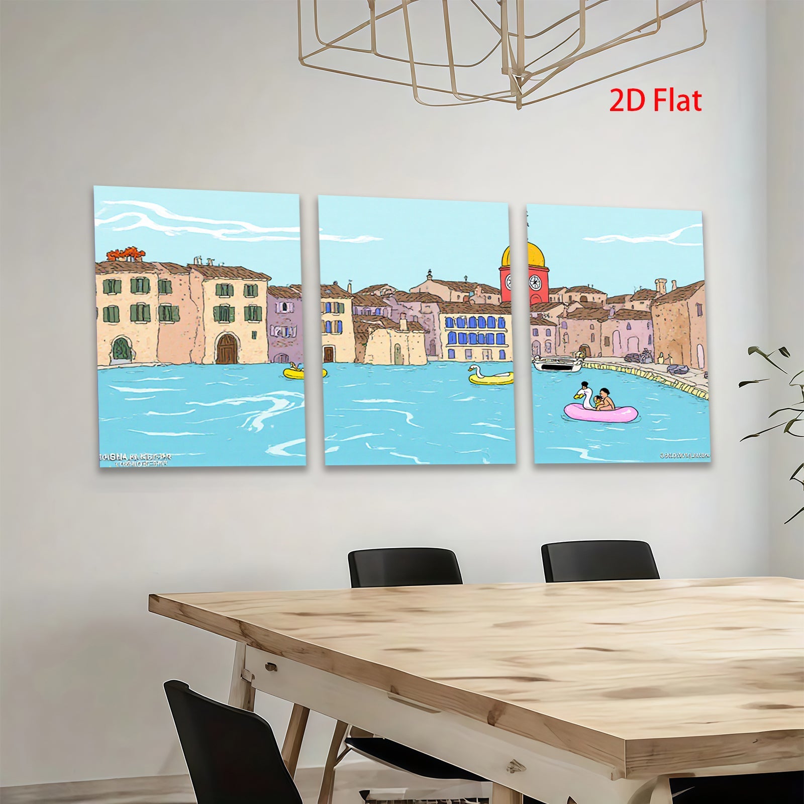 2D flat 1pc Venice Canal Boating Scene Wall Art Living Room Bedroom Home Decor Farmhouse Style Gallery Wrapped Canvas Prints Modern Aesthetic