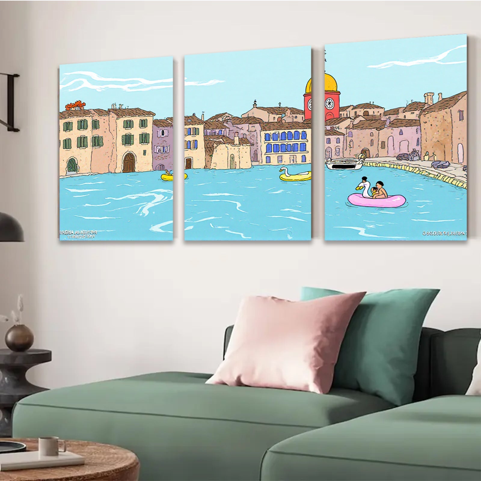 2D flat 1pc Venice Canal Boating Scene Wall Art Living Room Bedroom Home Decor Farmhouse Style Gallery Wrapped Canvas Prints Modern Aesthetic